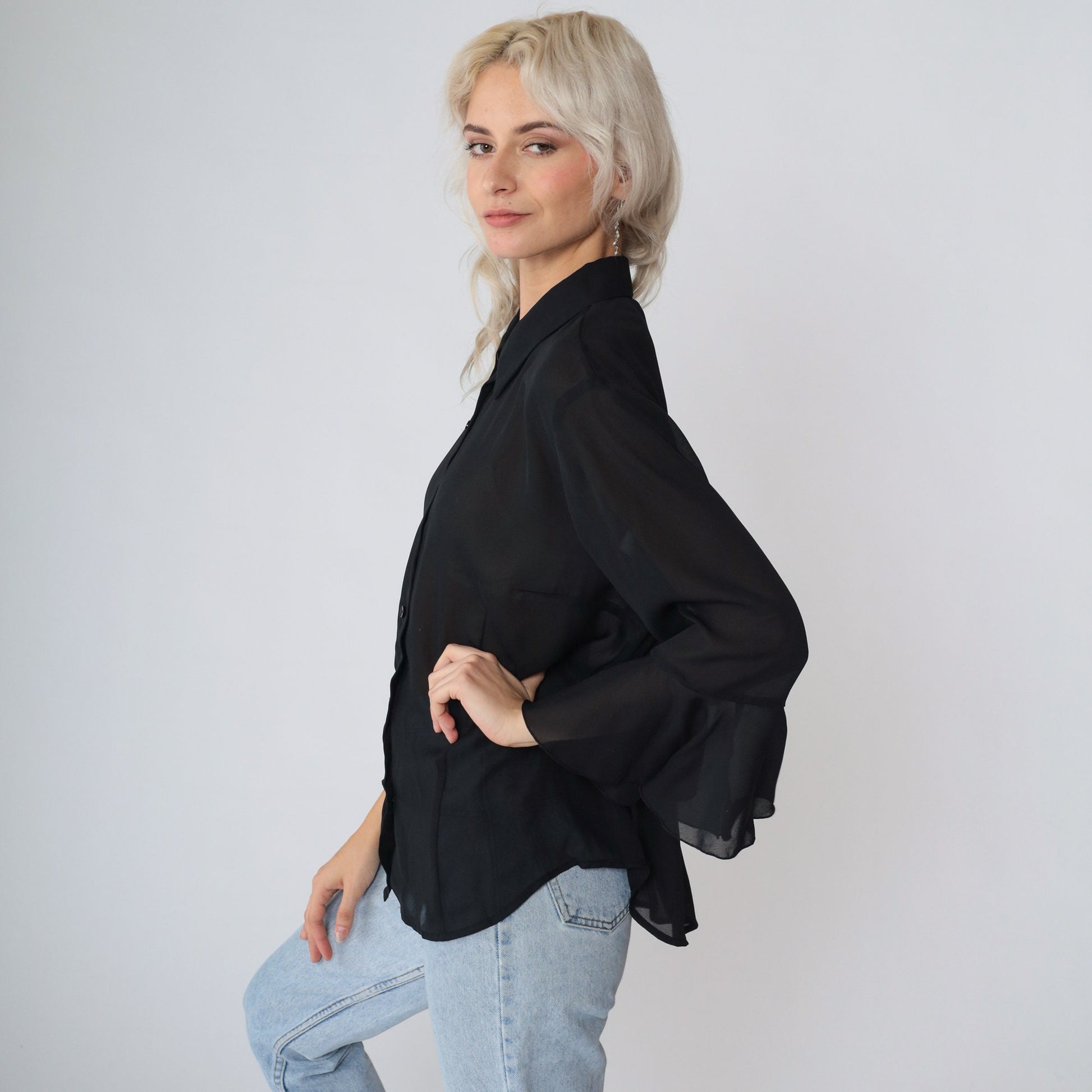 90s Black Sheer Button-Up Blouse Flounce Angel Bell Sleeve Large