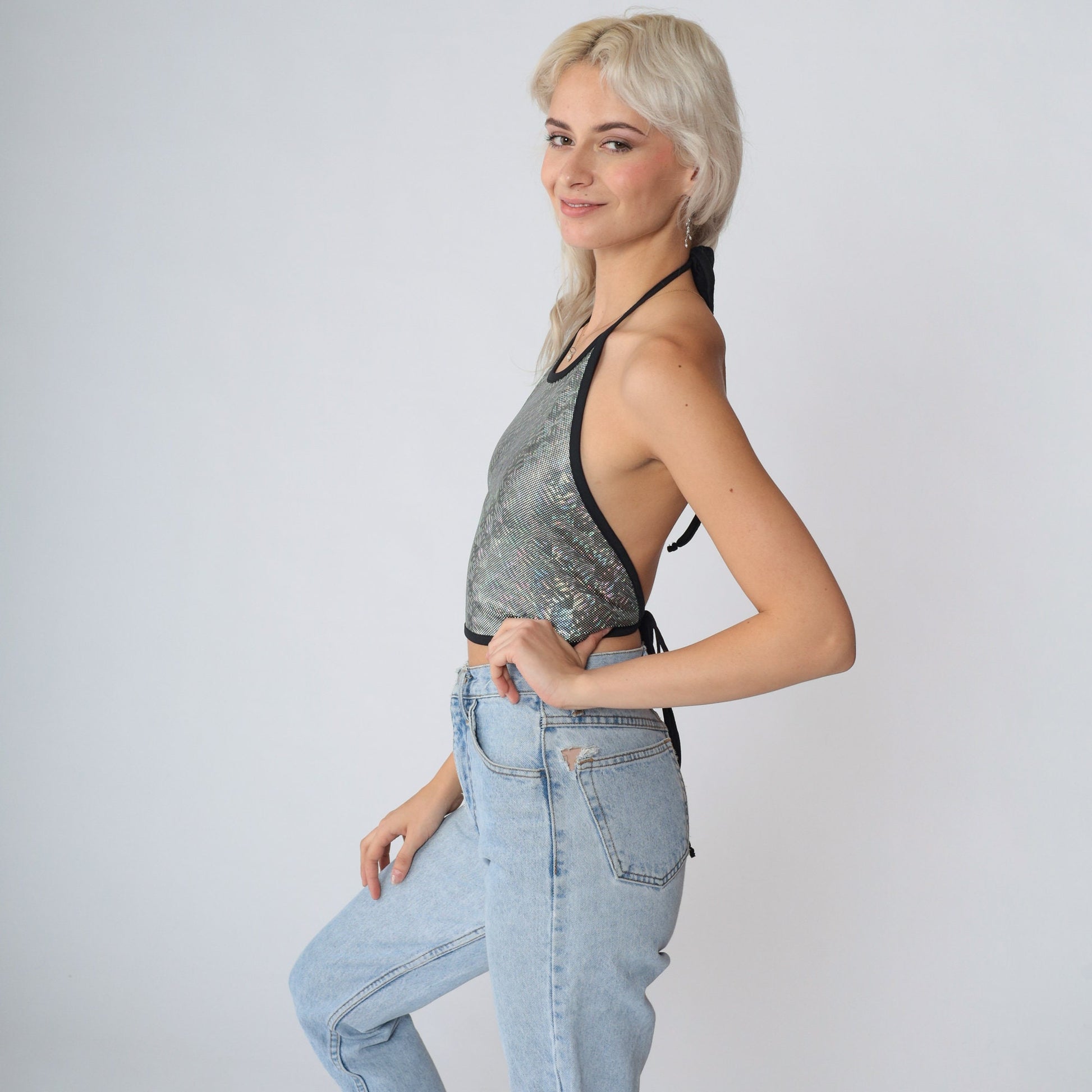 Y2K Holographic Halter Crop Top Silver Sparkly Open Back Tank Medium