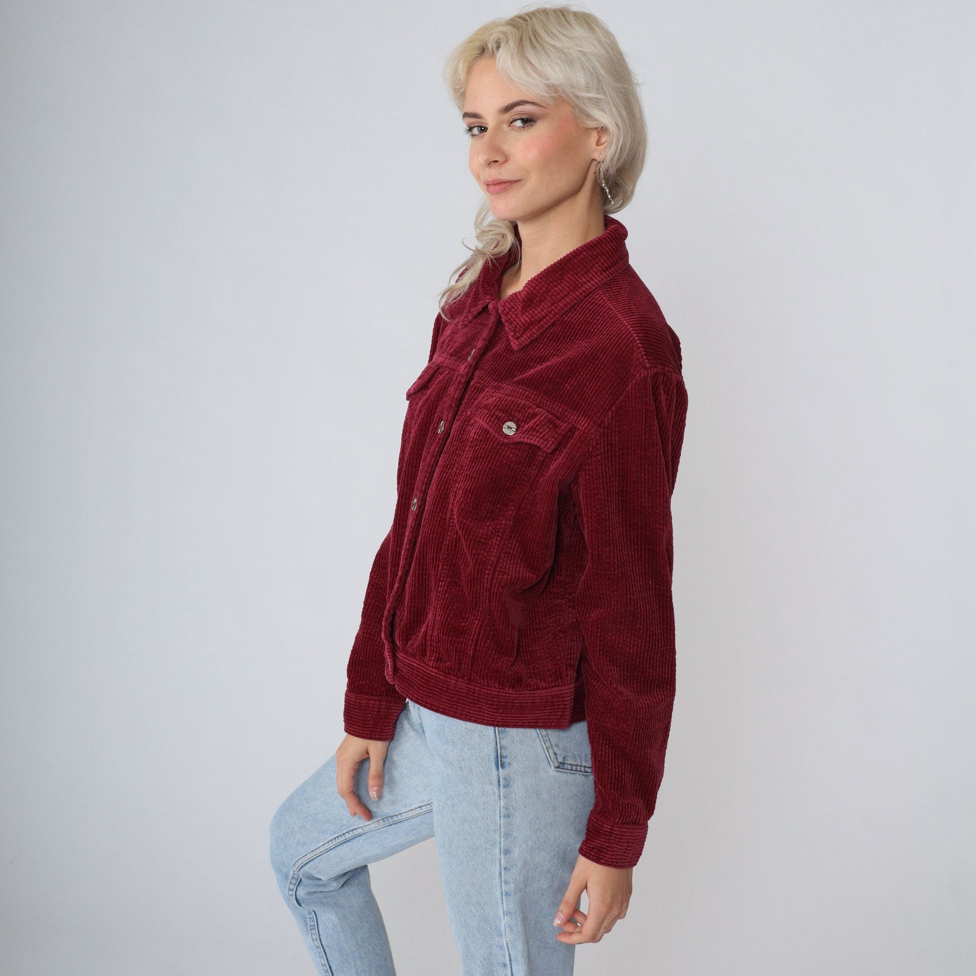 90s Studio Ease Burgundy Corduroy Button-Up Jacket Small