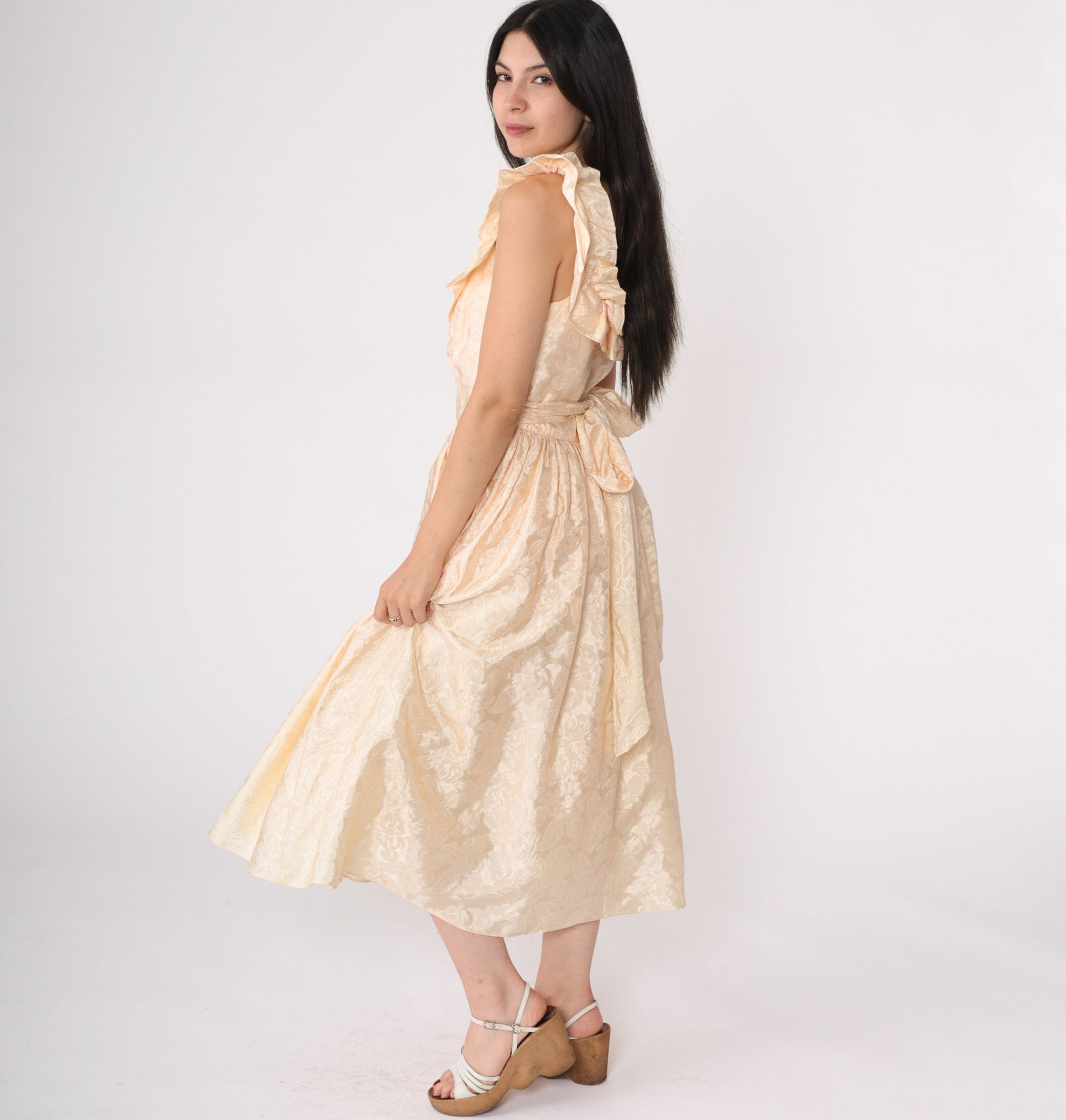80s Peach Floral Embossed Prom Dress Basque Waist Midi Ruffled Neckline Small
