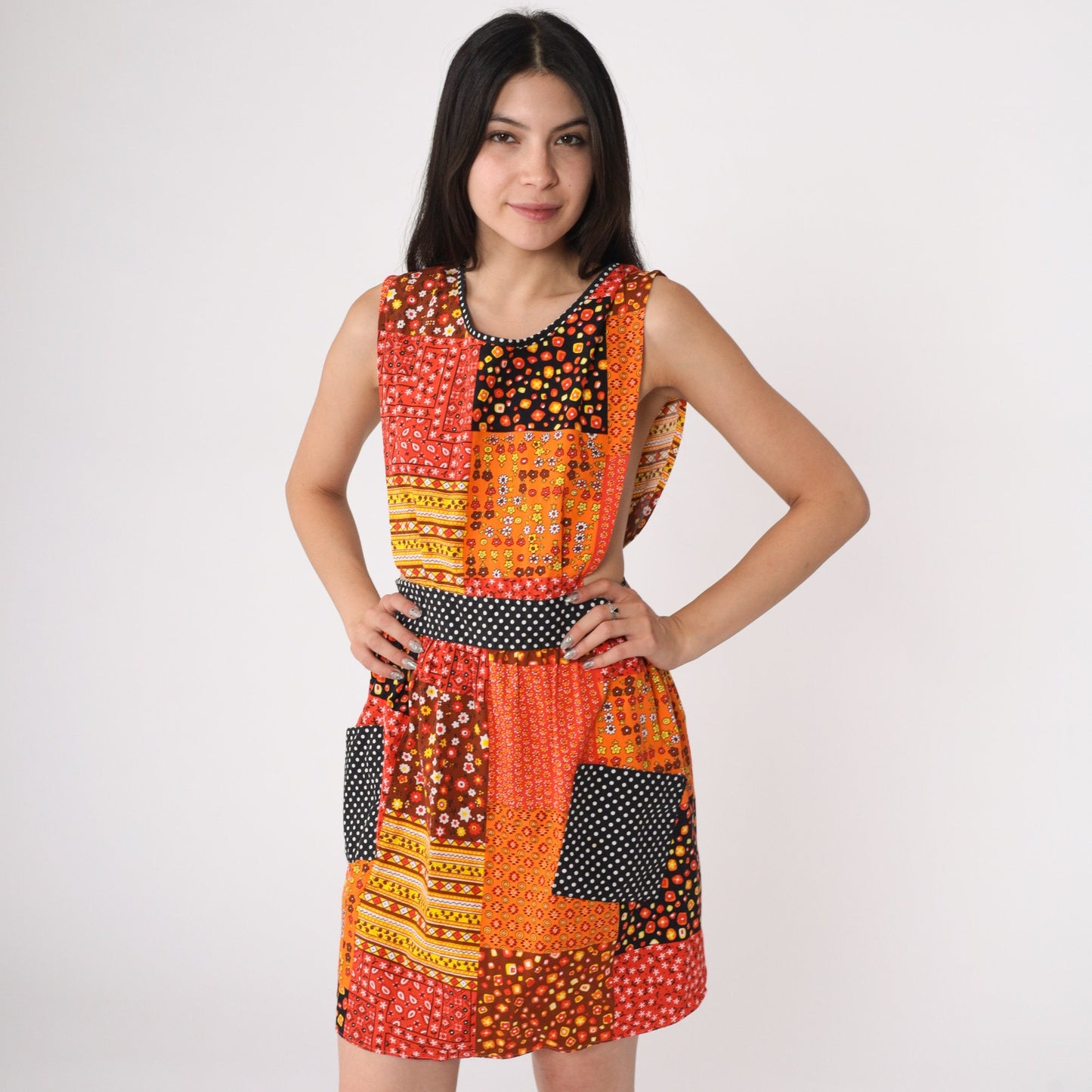 70s Patchwork Floral Apron Dress Orange Mini Sleeveless High Waist Small