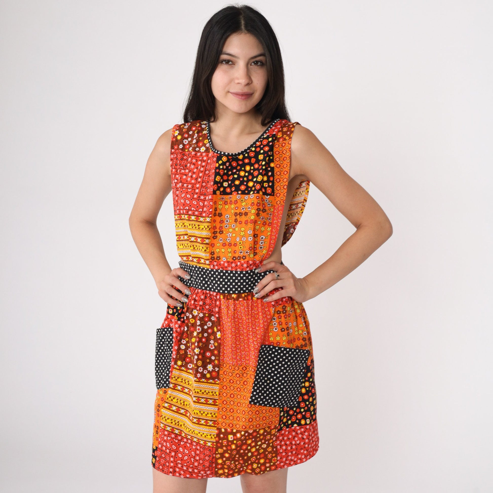 70s Patchwork Floral Apron Dress Orange Mini Sleeveless High Waist Small