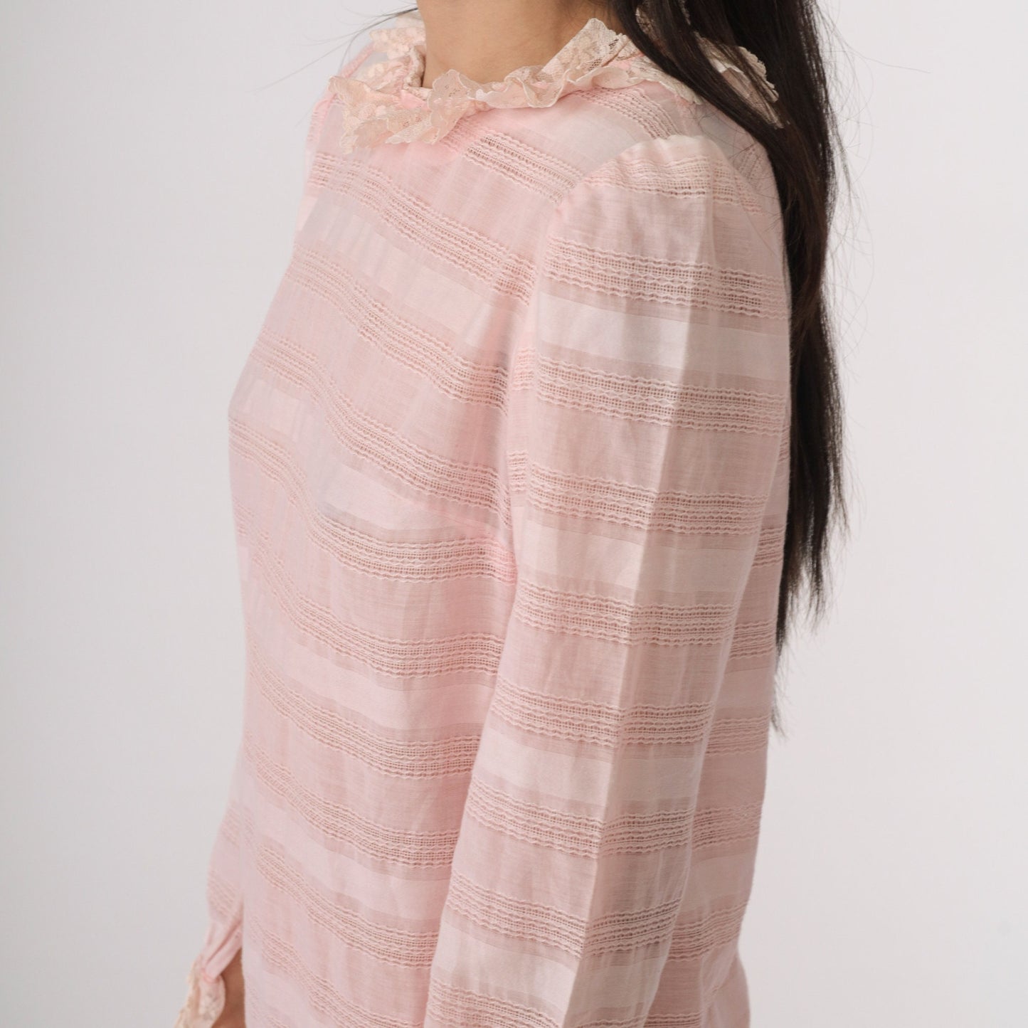 1960s Vicky Vaughn Mod Mini Dress Baby Pink Striped Lace Puff Sleeve Extra Small
