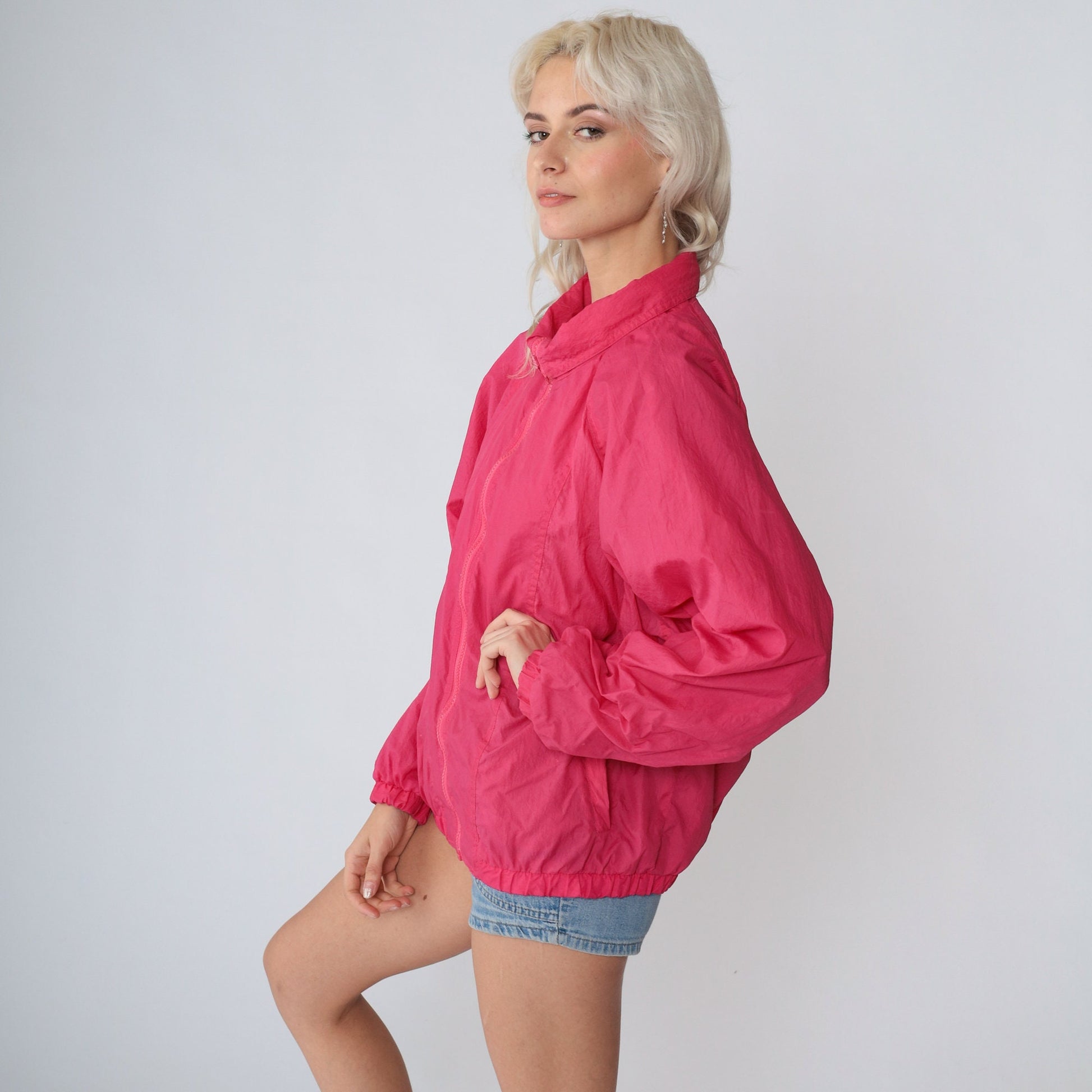 90s Hot Pink Nylon Windbreaker Zip-Up Jacket Medium M