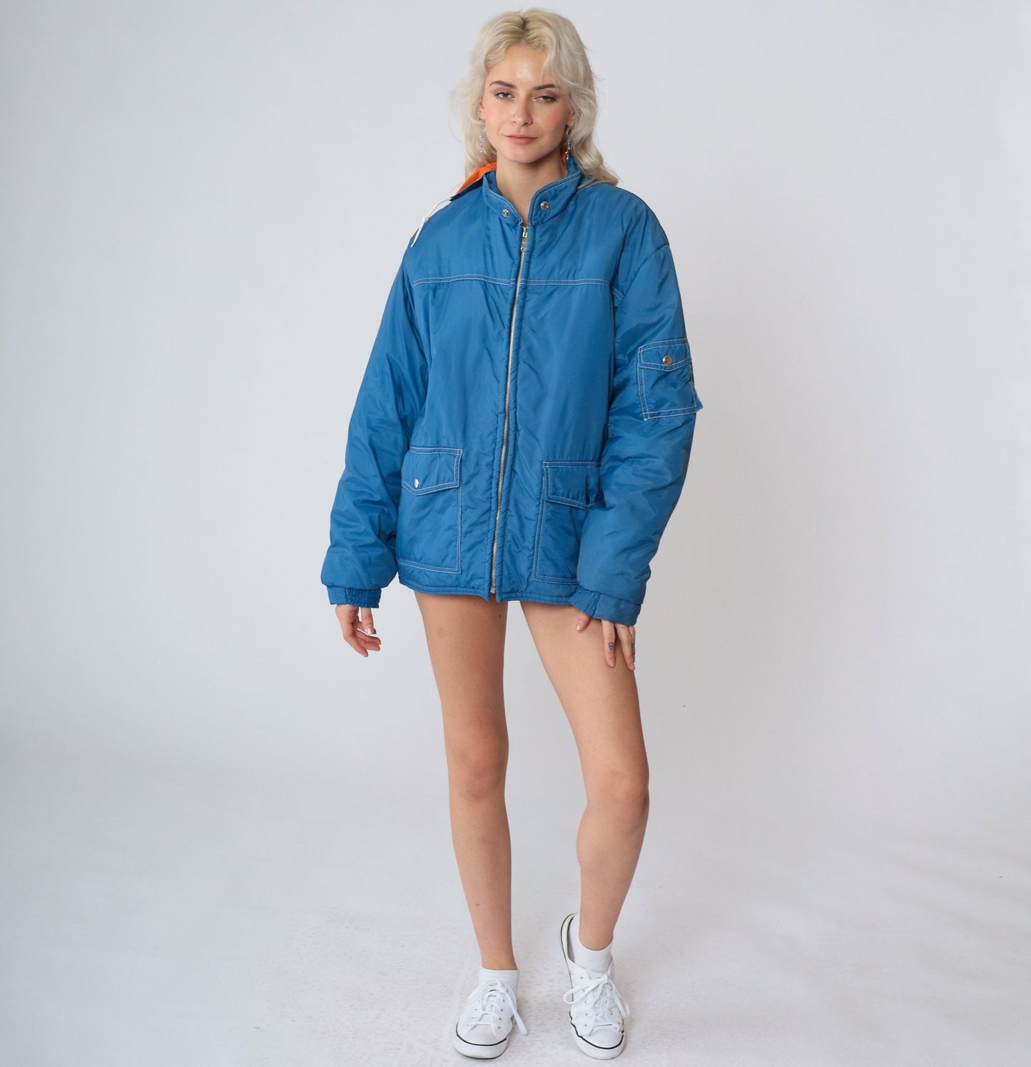 80s Blue Puffer Ski Jacket Orange Lining Hooded Zip Coat Large L