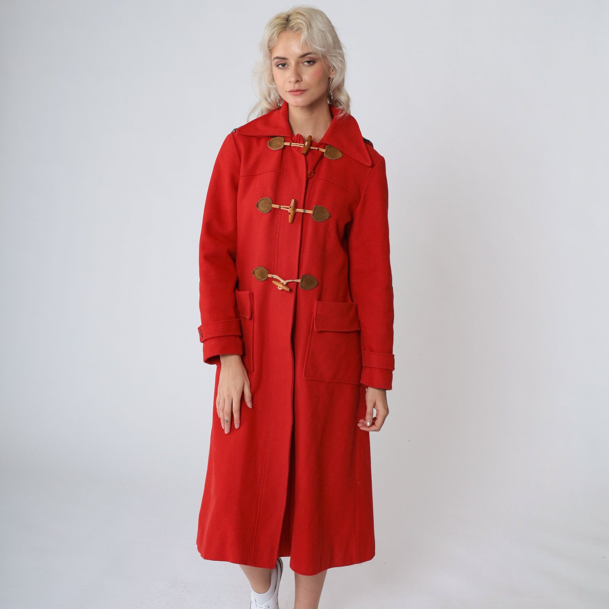70s Red Wool Trench Coat Toggle Buttons Hood Elbow Patches Small