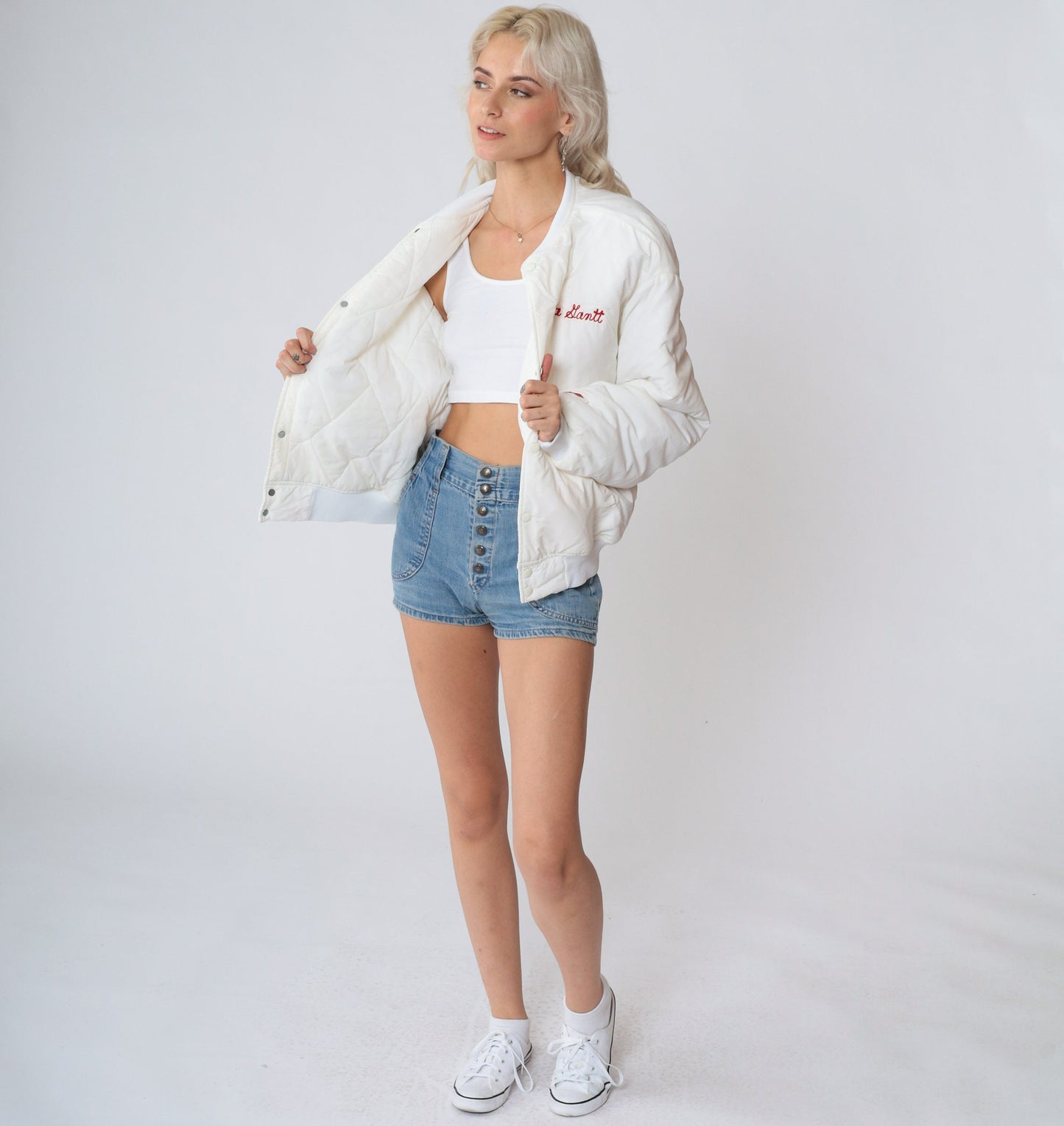 90s ASCA Stock Car Racing Bomber Jacket White Snap Windbreaker Medium