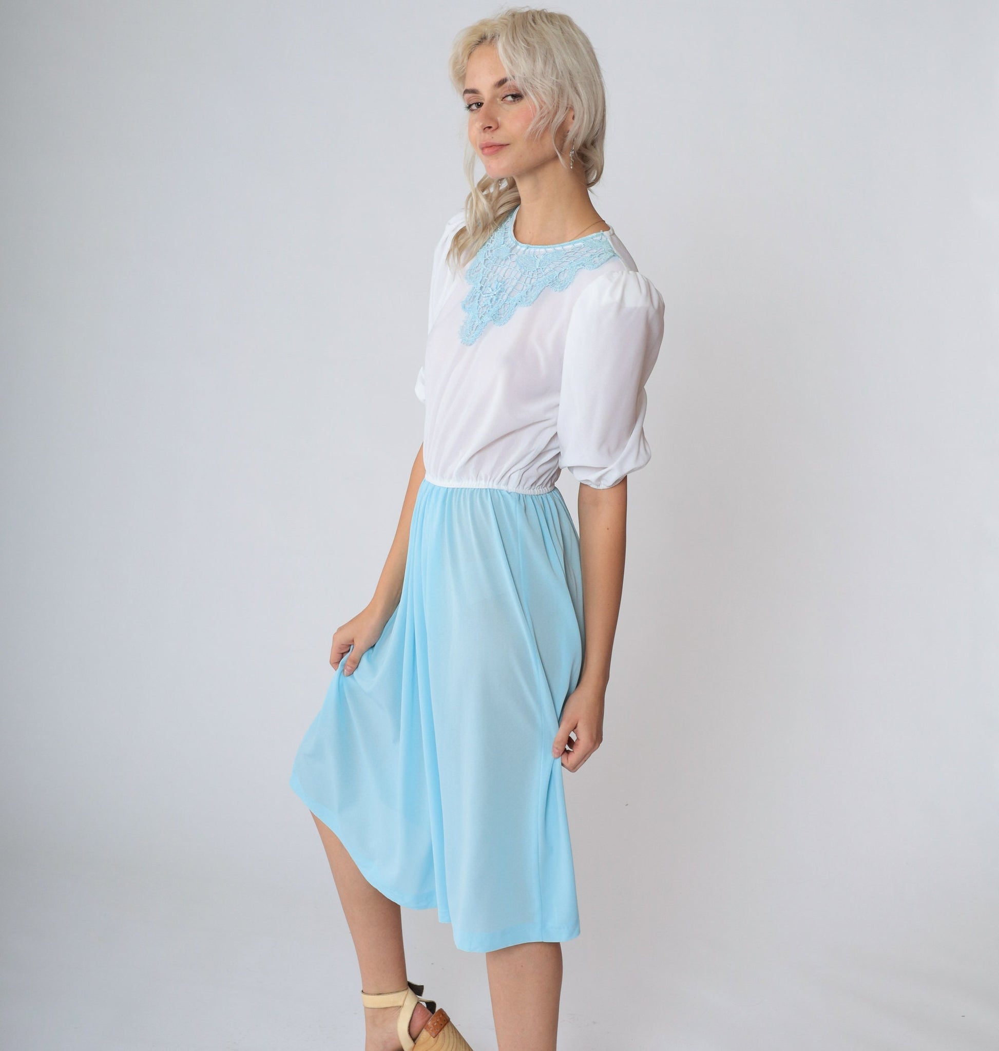 70s Puff Sleeve Midi Dress White Blue Floral Applique High Waist Small