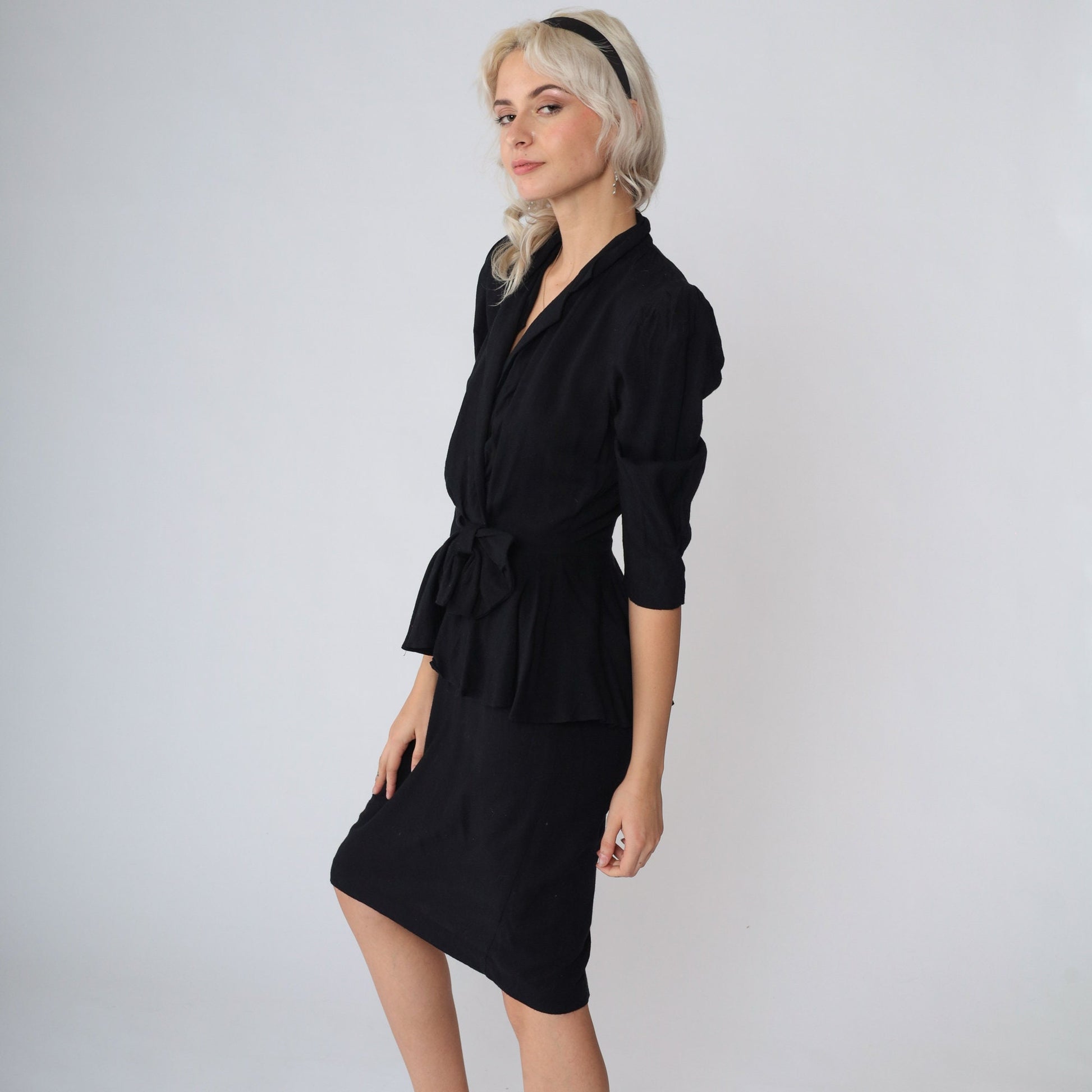 80s Jody California Black Peplum Dress V-Neck Puff Sleeve Knee Length Extra Small