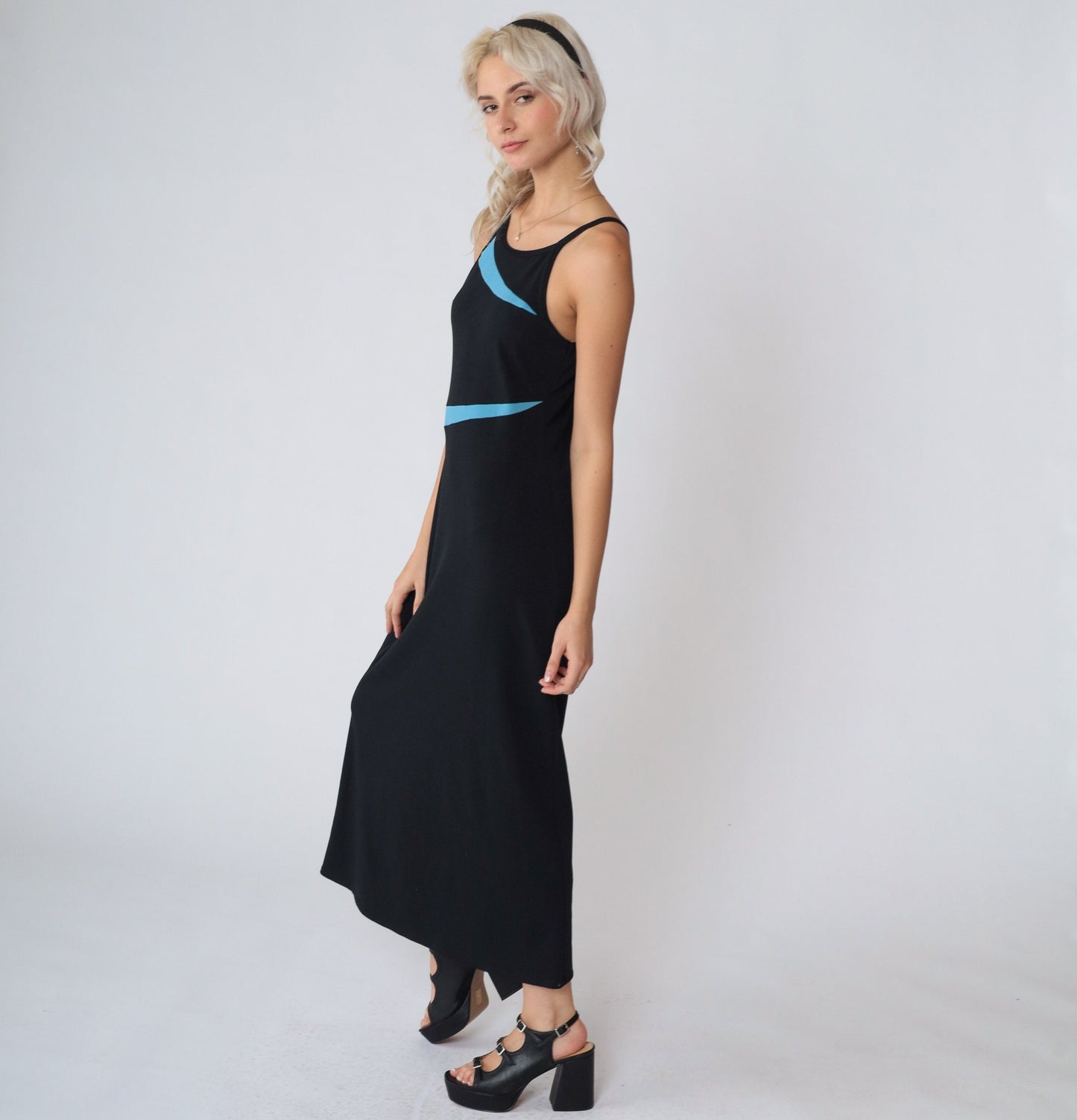 90s Black Maxi Dress Blue Asymmetrical Stripes High Neck Sleeveless Small