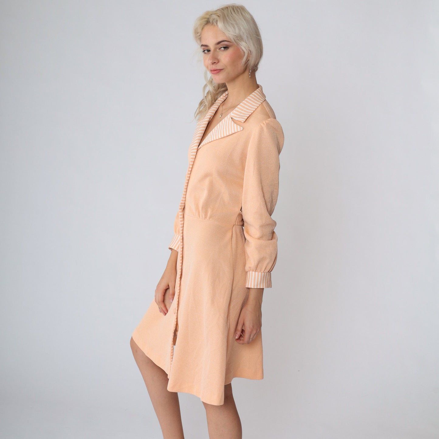 70s Peach Mini Shirtdress Puff Sleeve Striped Collar Button-Up Small