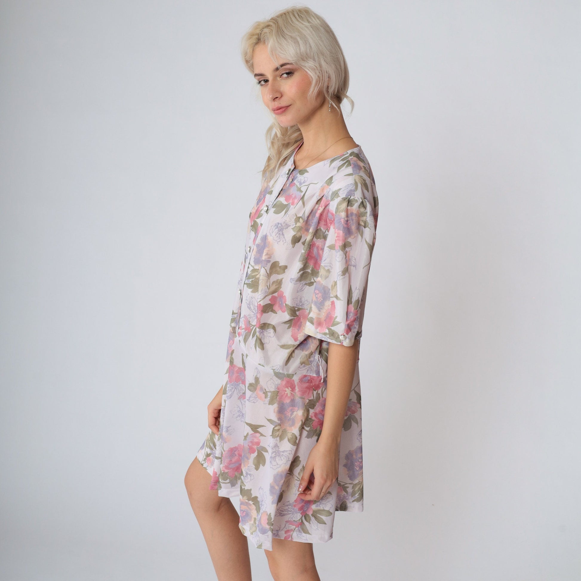 80s California Looks Floral Mini Dress Puff Sleeve High Waisted Plus Size XXL