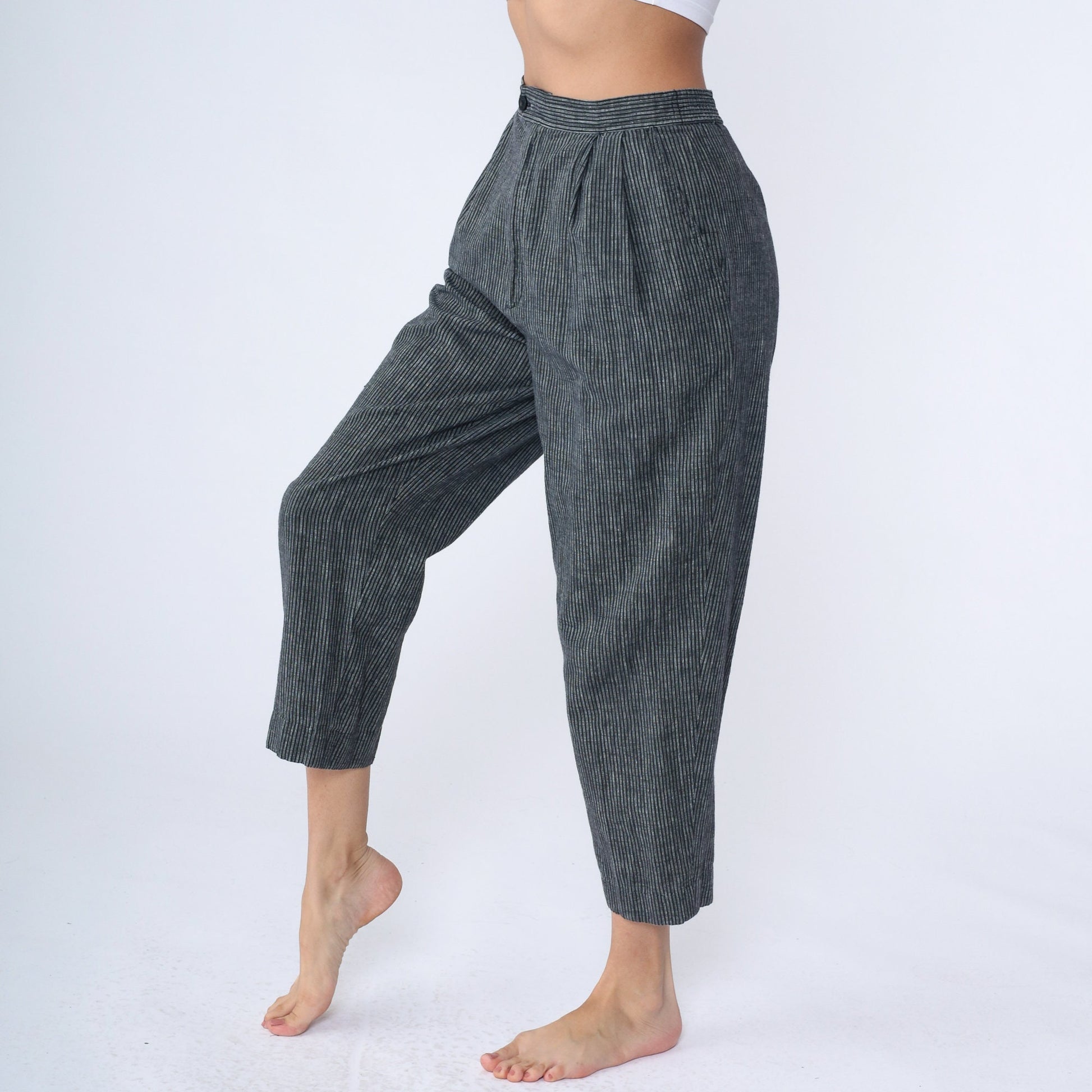 80s Grey Pinstripe High-Rise Trousers Pleated Straight Leg Medium