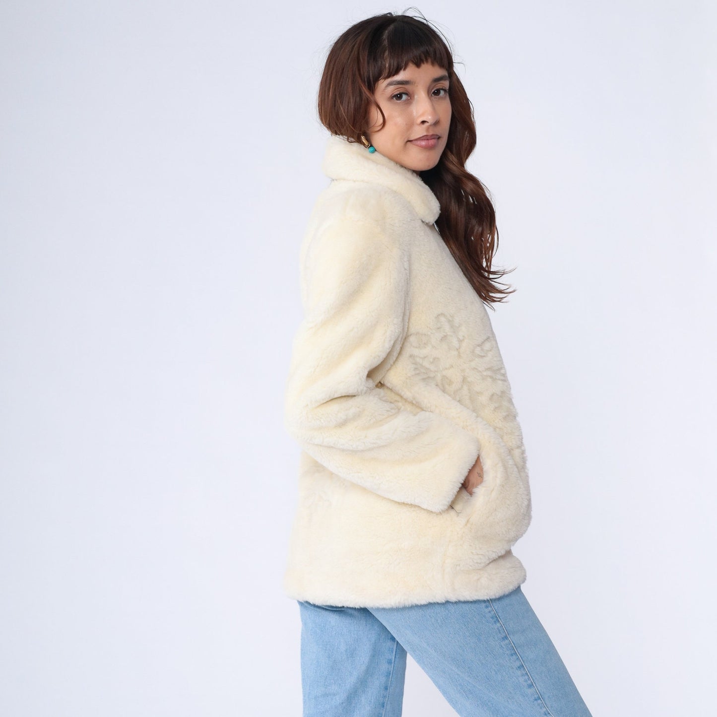 00s Cream Faux Fur Jacket Leaf Print Zip-Up Medium