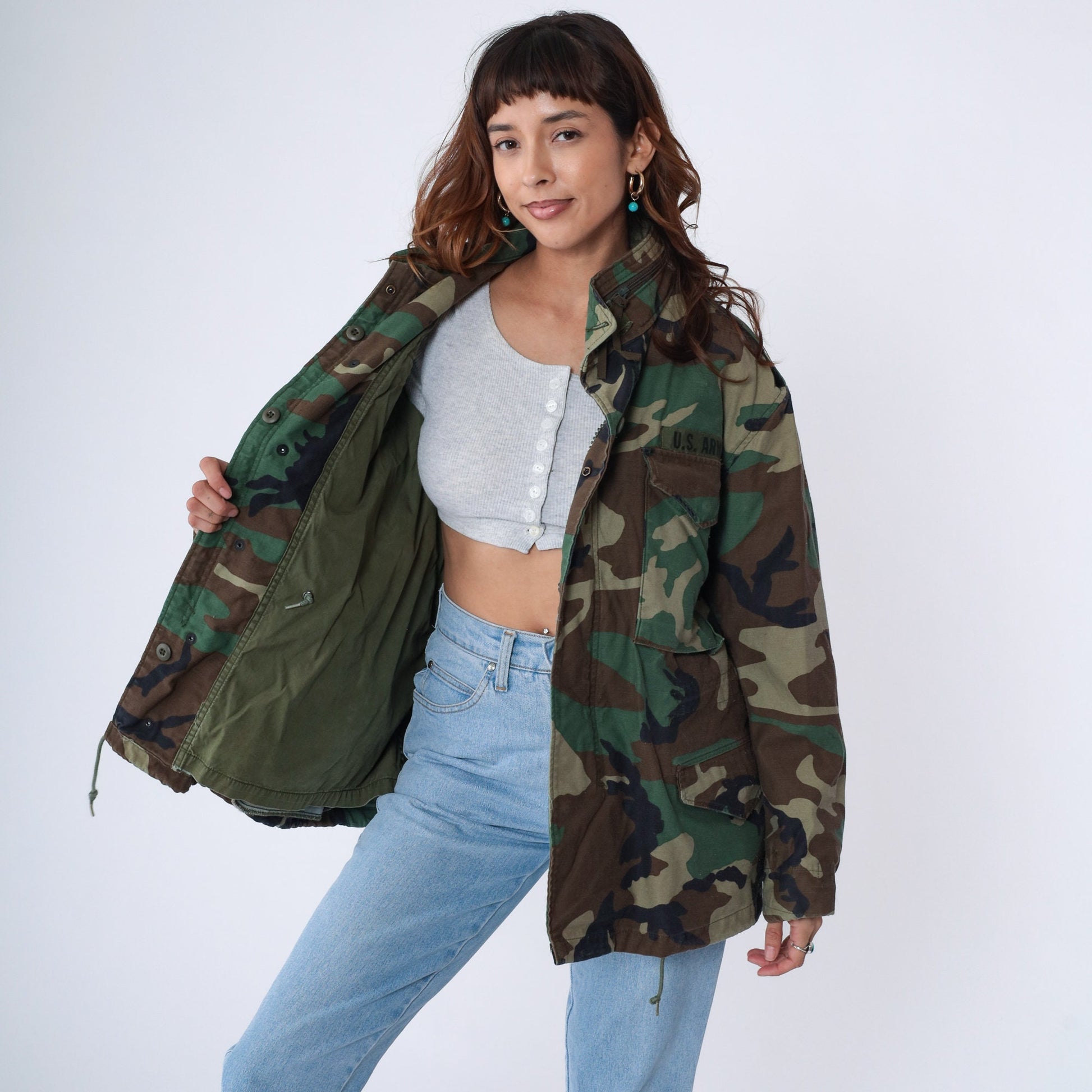 90s US Army Camouflage Field Jacket Utility Patch Zip Medium Short