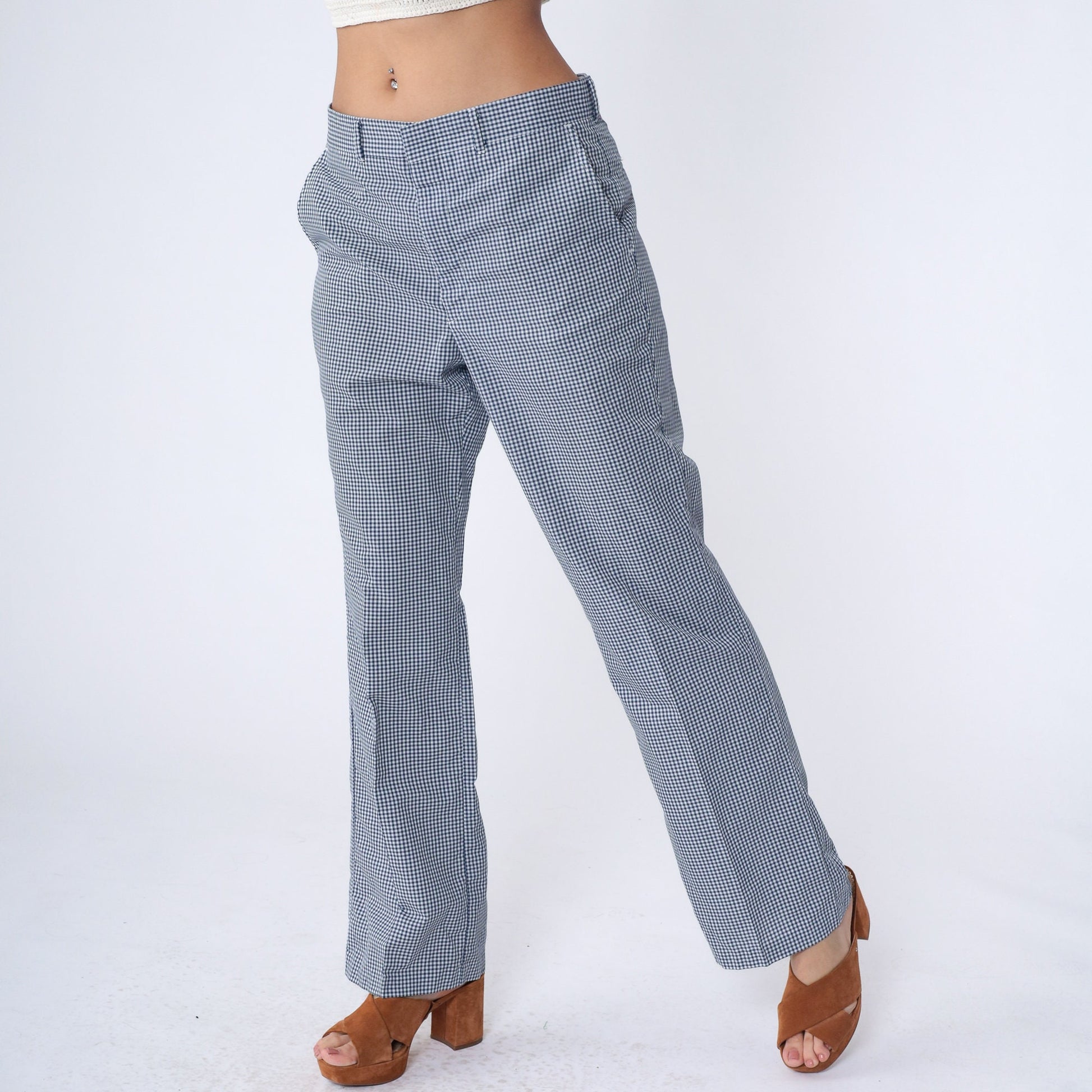 70s Dark Blue White Gingham Straight Leg Trousers High Waist Medium
