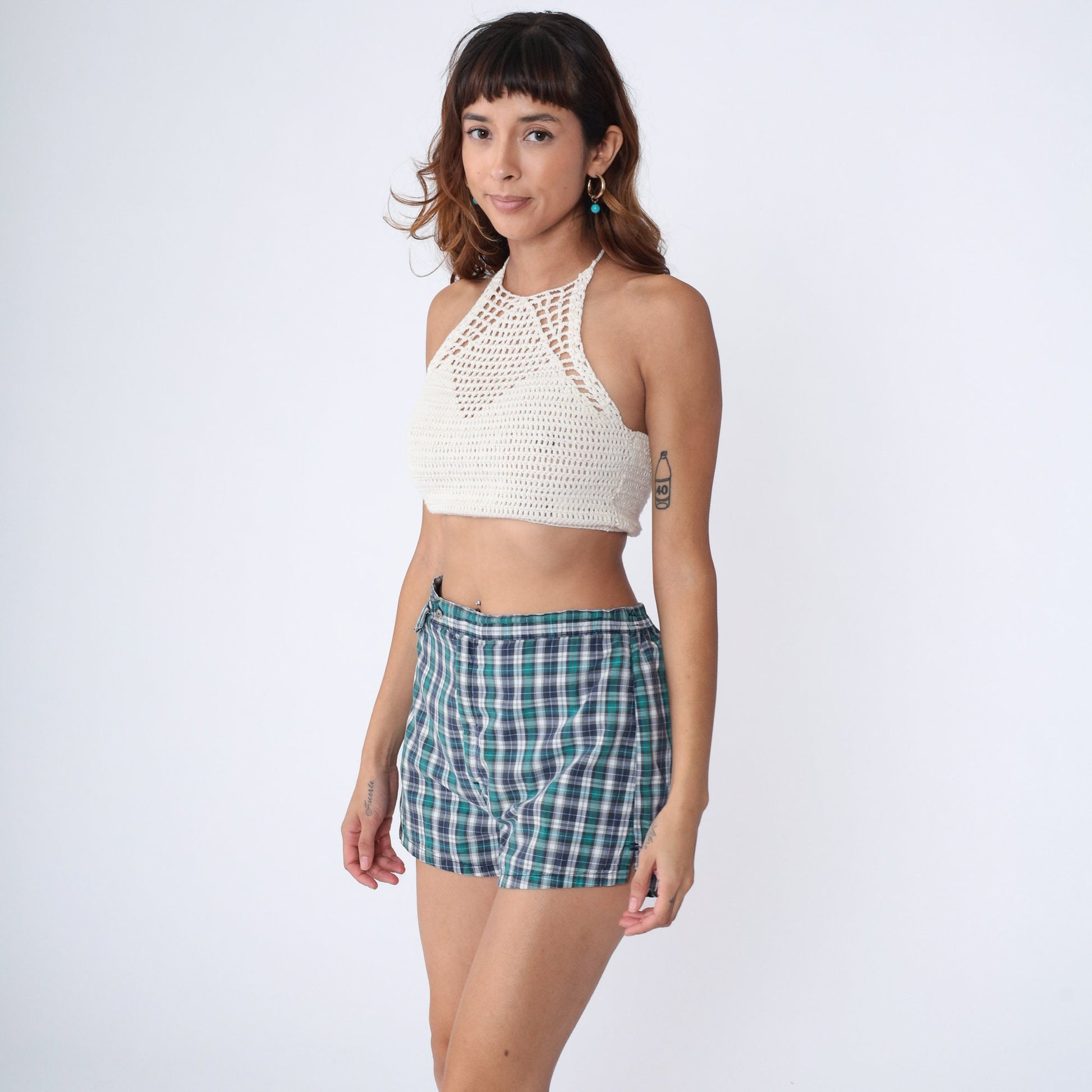 80s LL Bean Plaid Swim Shorts High Waisted Blue Green White Medium