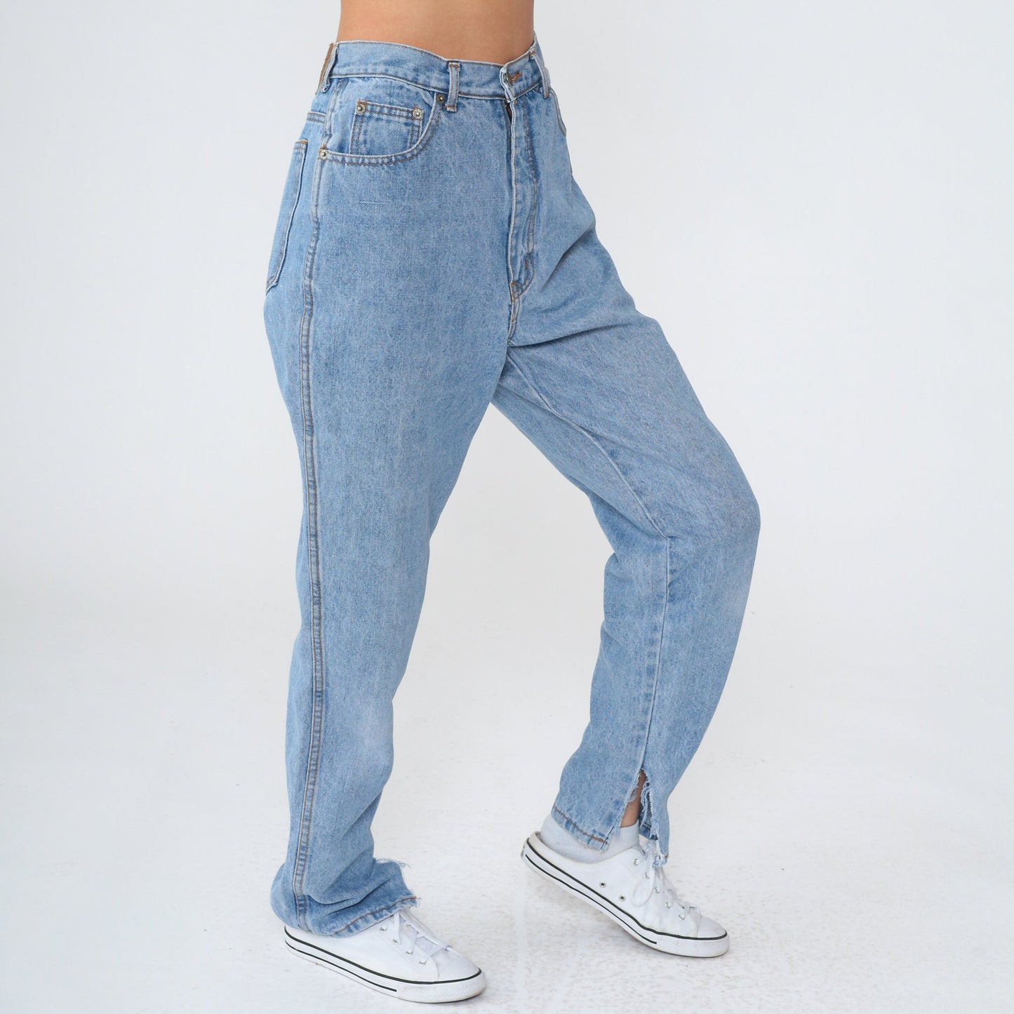 90s High Waisted Tapered Jeans Blue Denim Ankle Slit Medium M