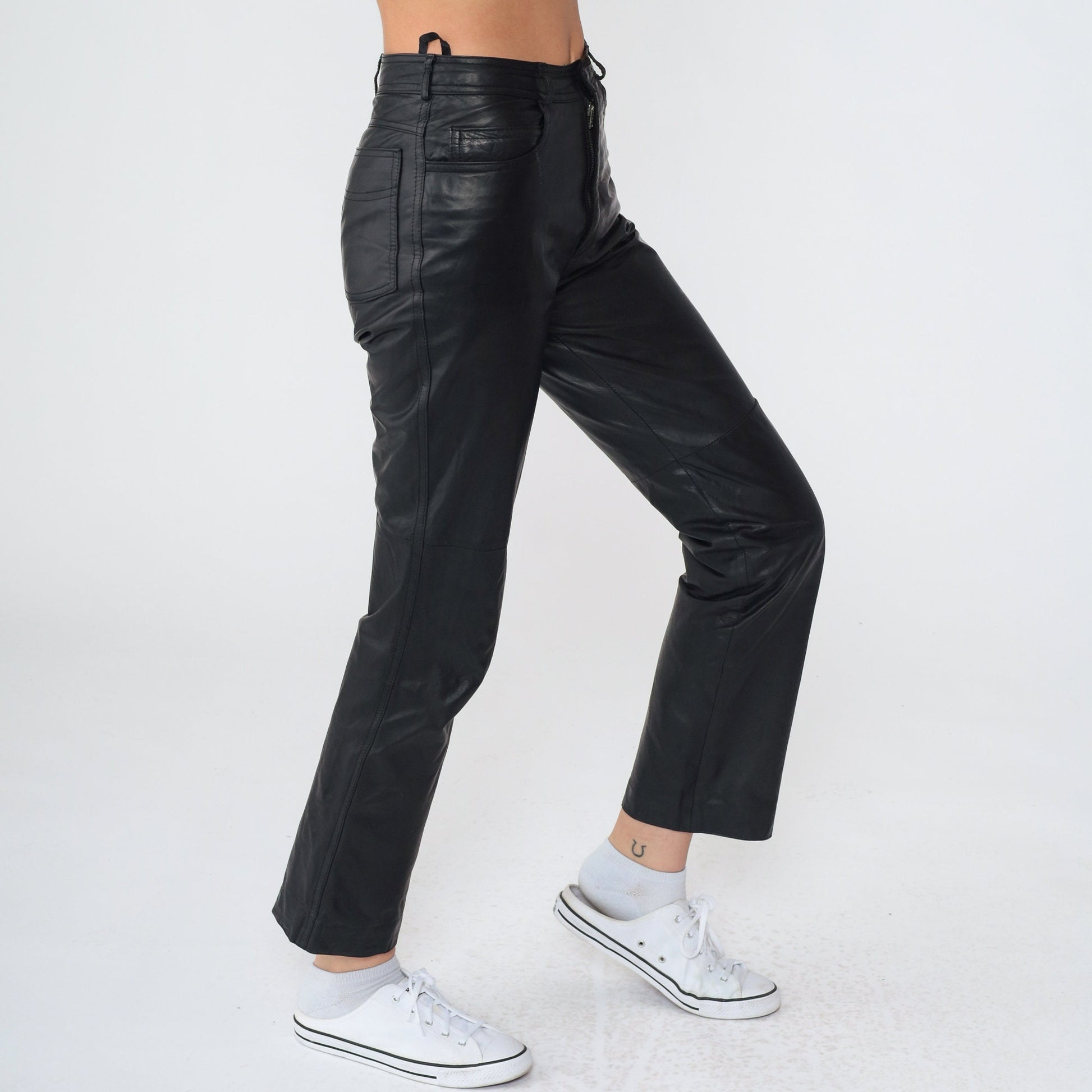 80s Black Leather Pants Straight Leg Ankle Punk Trousers Extra Small