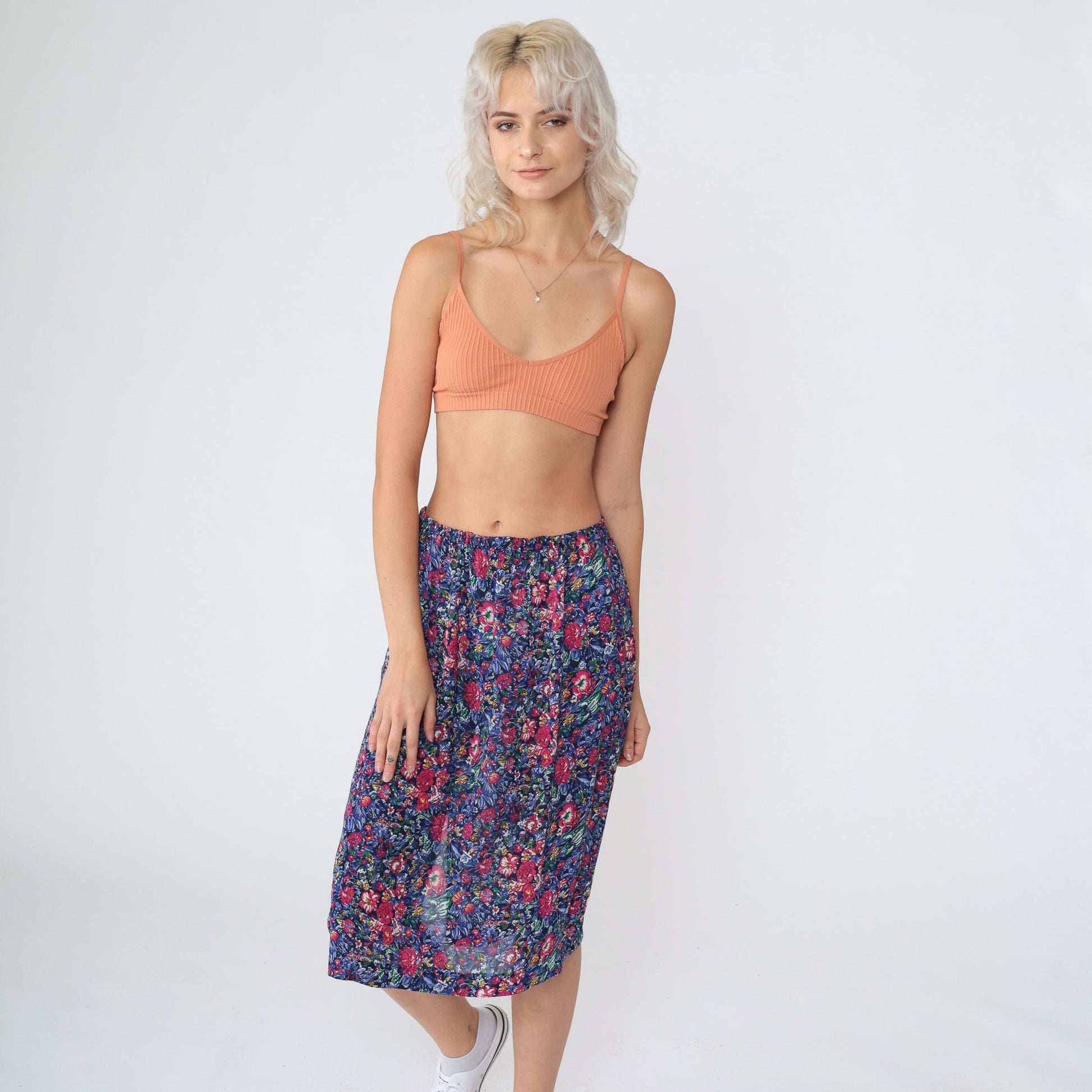 80s Floral Midi Pencil Skirt High Waisted Navy Pink Flower Print Small