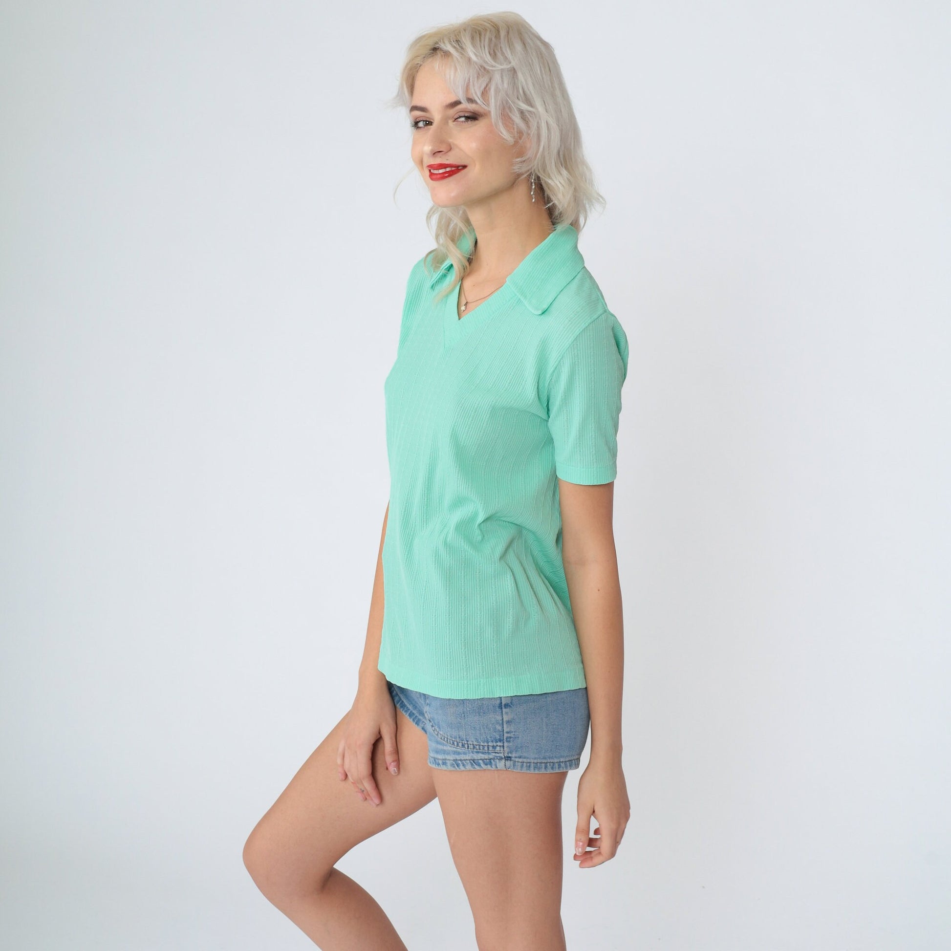 70s Mint Green Johnny Collar Polo Shirt V-Neck Short Sleeve Small S
