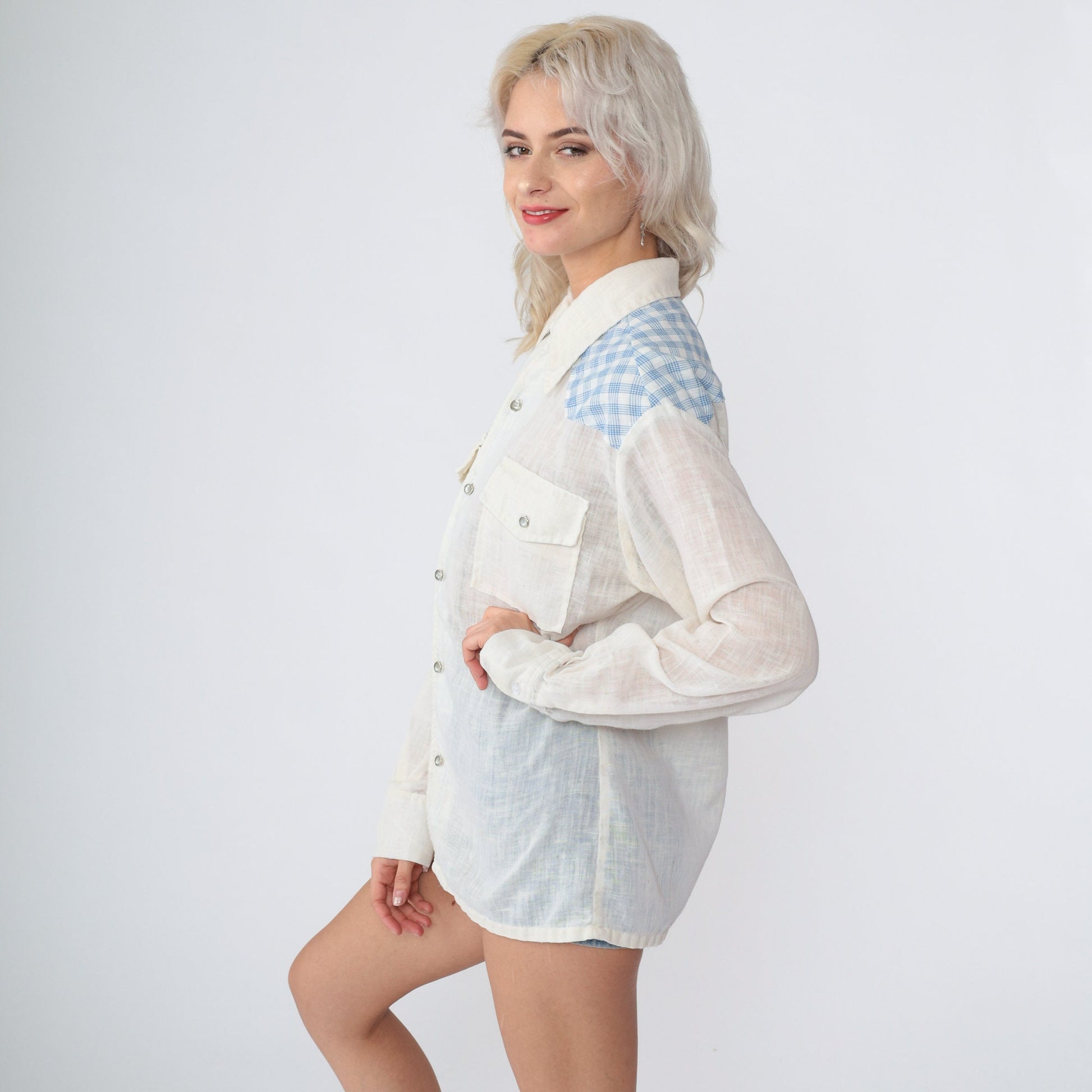 70s Western Pearl Snap Shirt Checkered Gauze Off-White Blue Plaid Medium