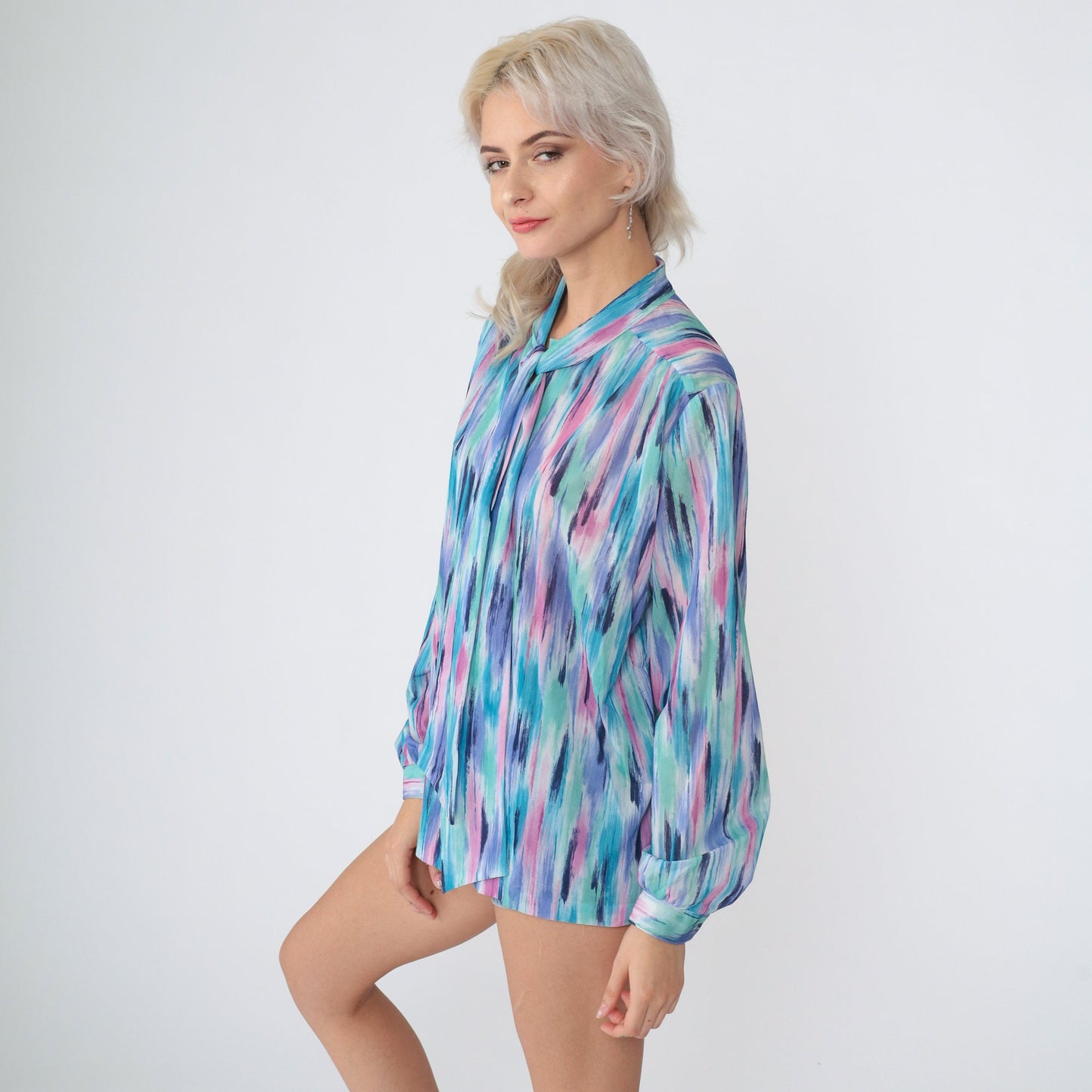70s Ascot Blouse Brushstroke Print Neck Tie Long Sleeve Blue Purple Pink Large
