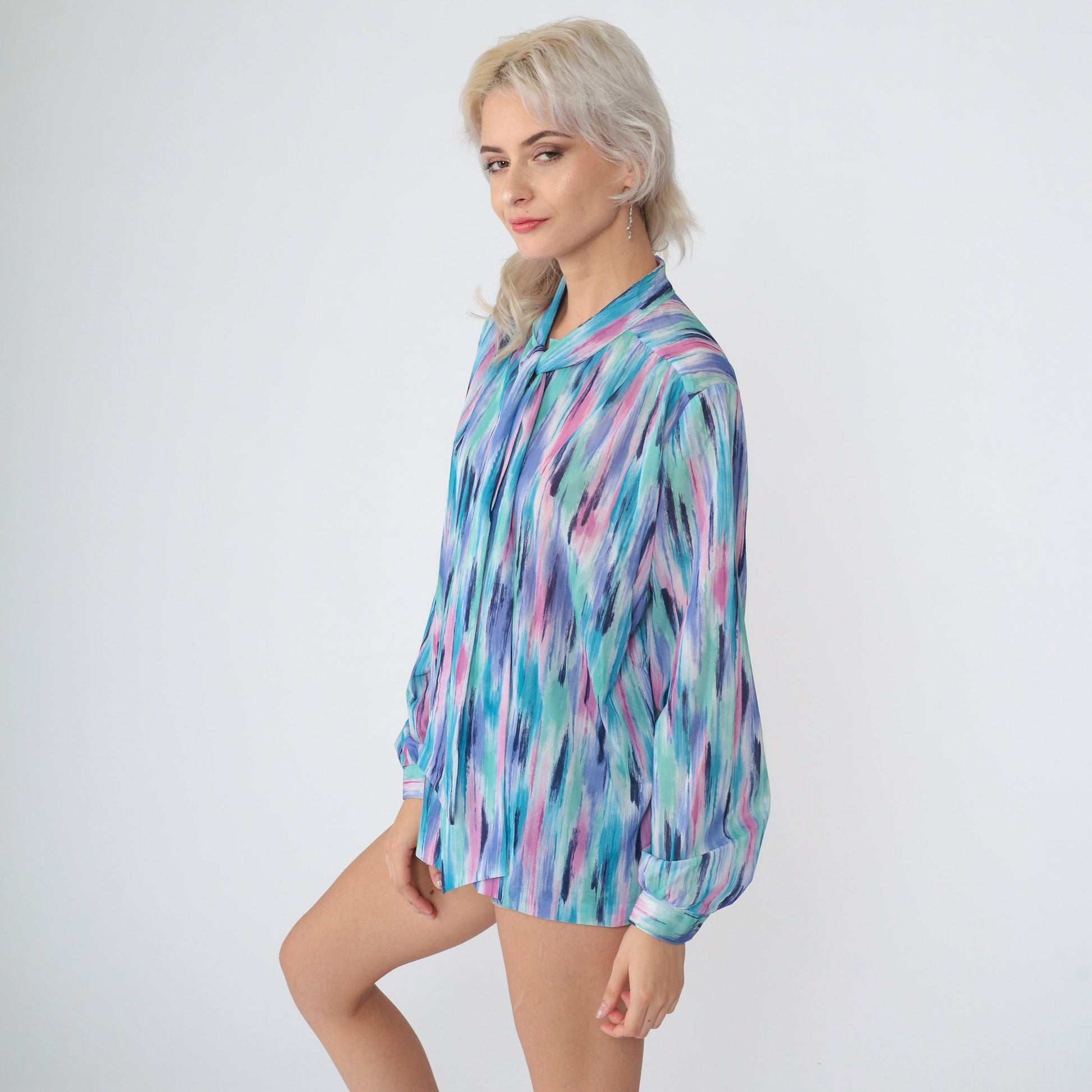 70s Ascot Blouse Brushstroke Print Neck Tie Long Sleeve Blue Purple Pink Large
