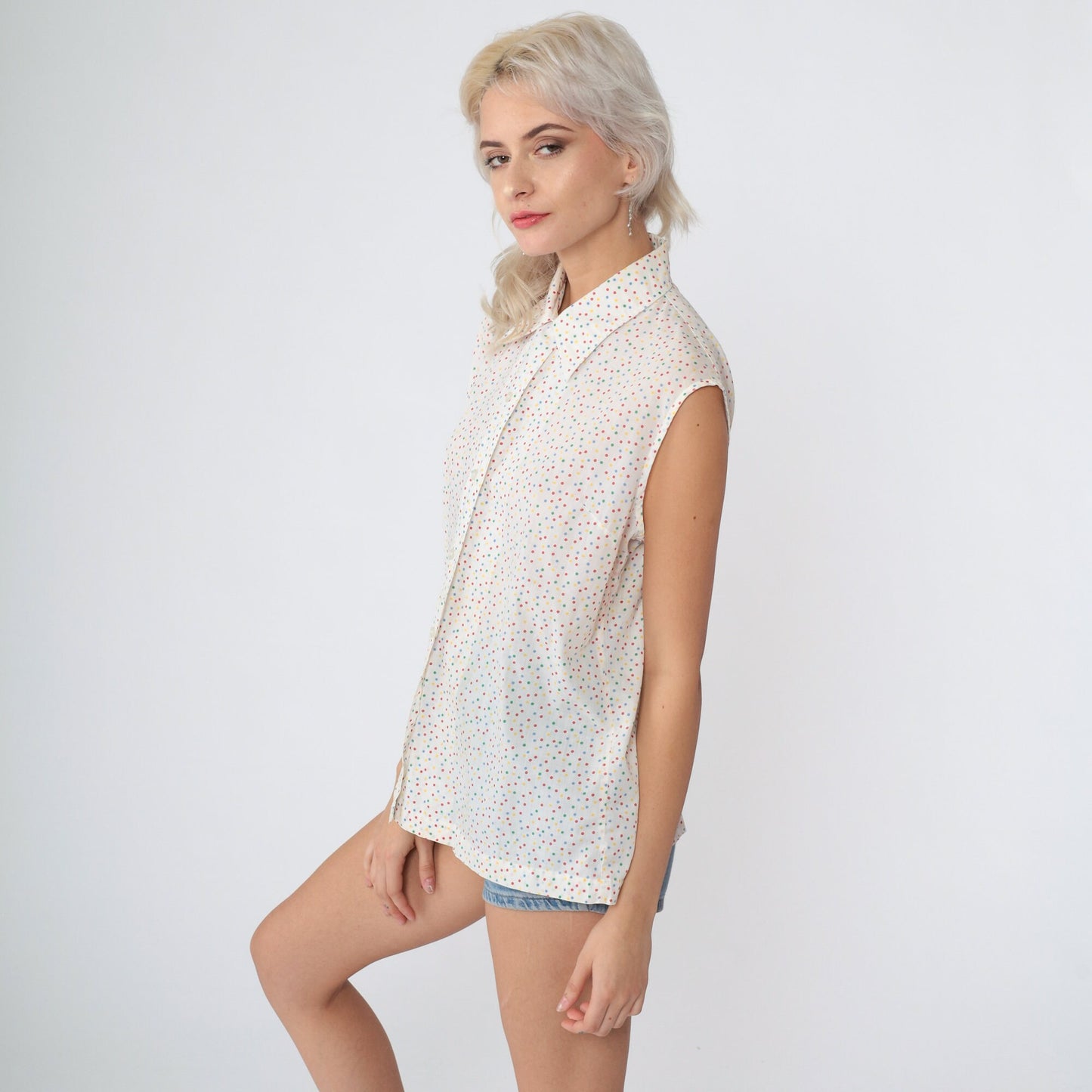 80s Polka Dot Sleeveless Blouse White Multicolor Button-Up Collared Tank Large L
