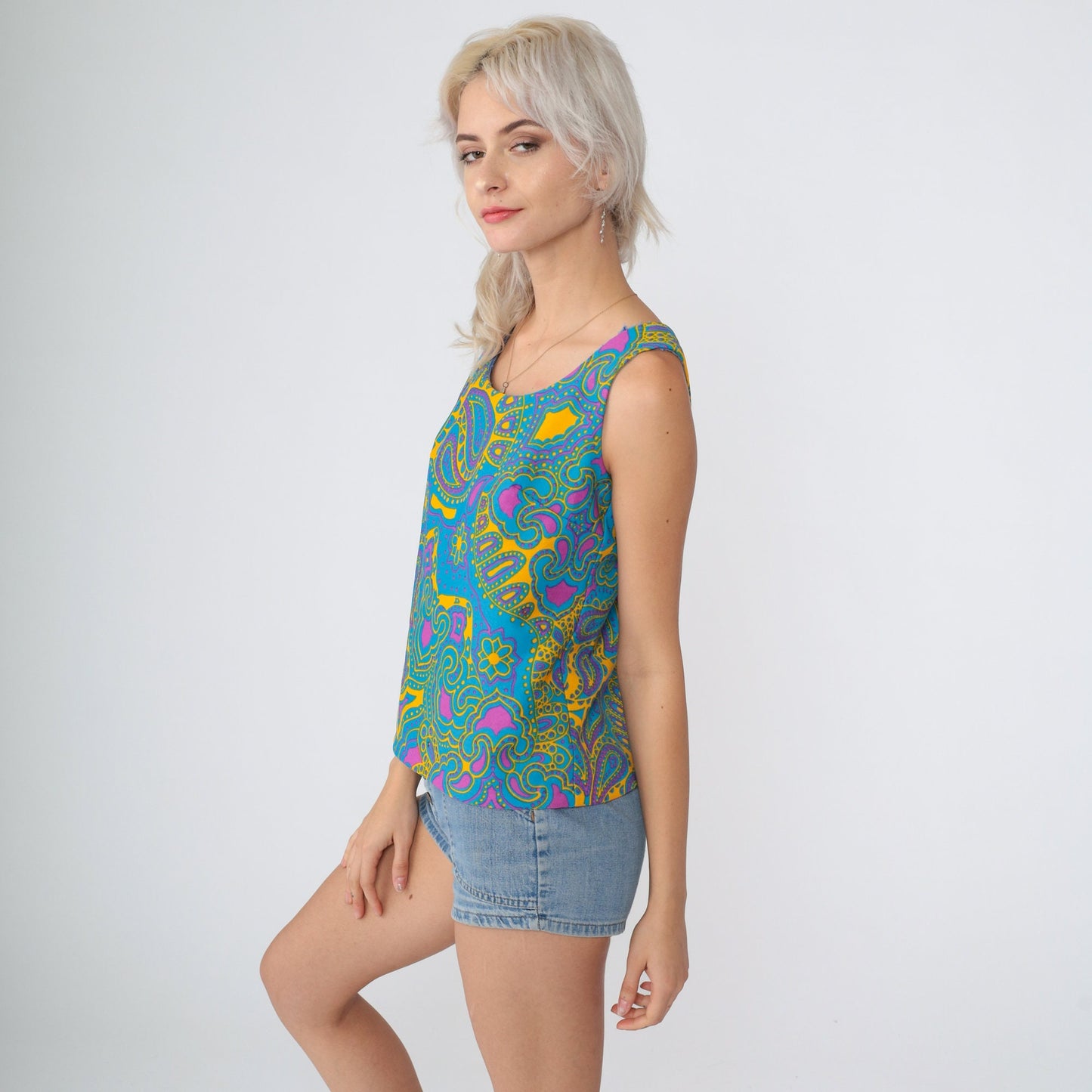 70s Paisley Floral Tank Top Sleeveless Blouse Yellow Blue Pink Extra Small