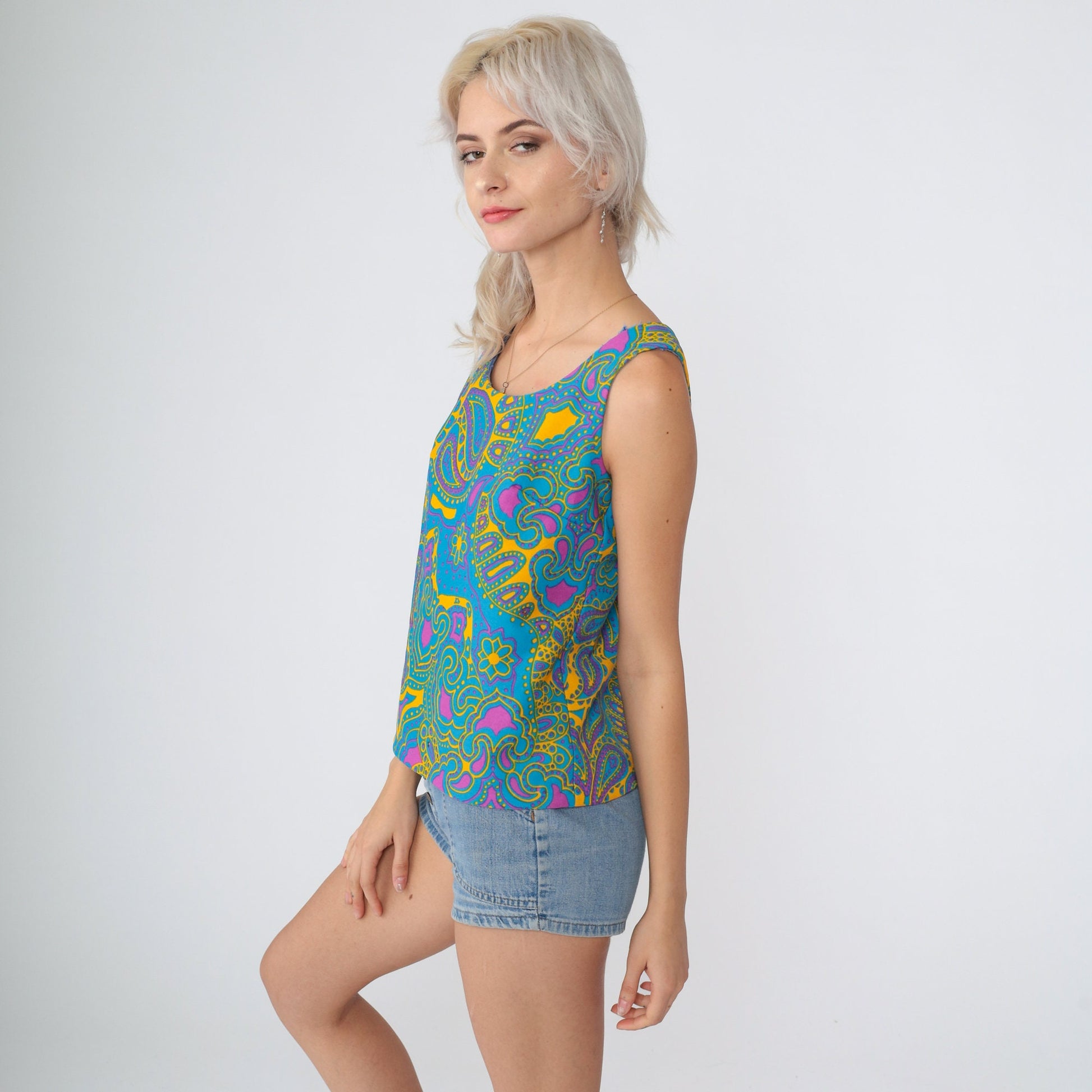 70s Paisley Floral Tank Top Sleeveless Blouse Yellow Blue Pink Extra Small