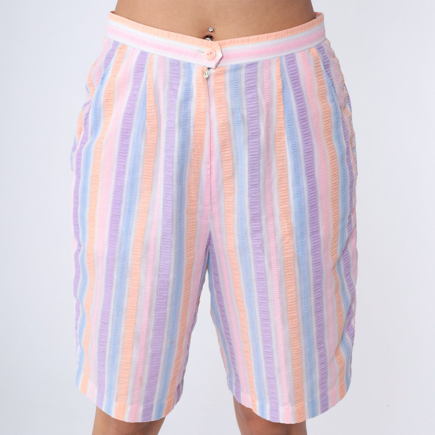80s Seersucker Shorts High Waist Striped Pink Purple Orange Medium