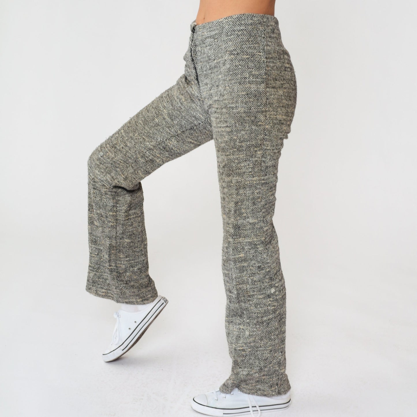70s Wool Flared Trousers Black White Flecked Mid Rise Extra Small