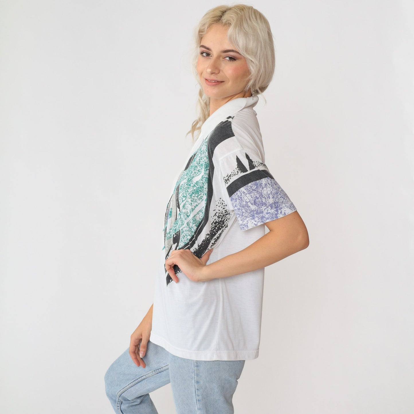 90s Reebok Polo Shirt Abstract Geometric Print White Collared Medium