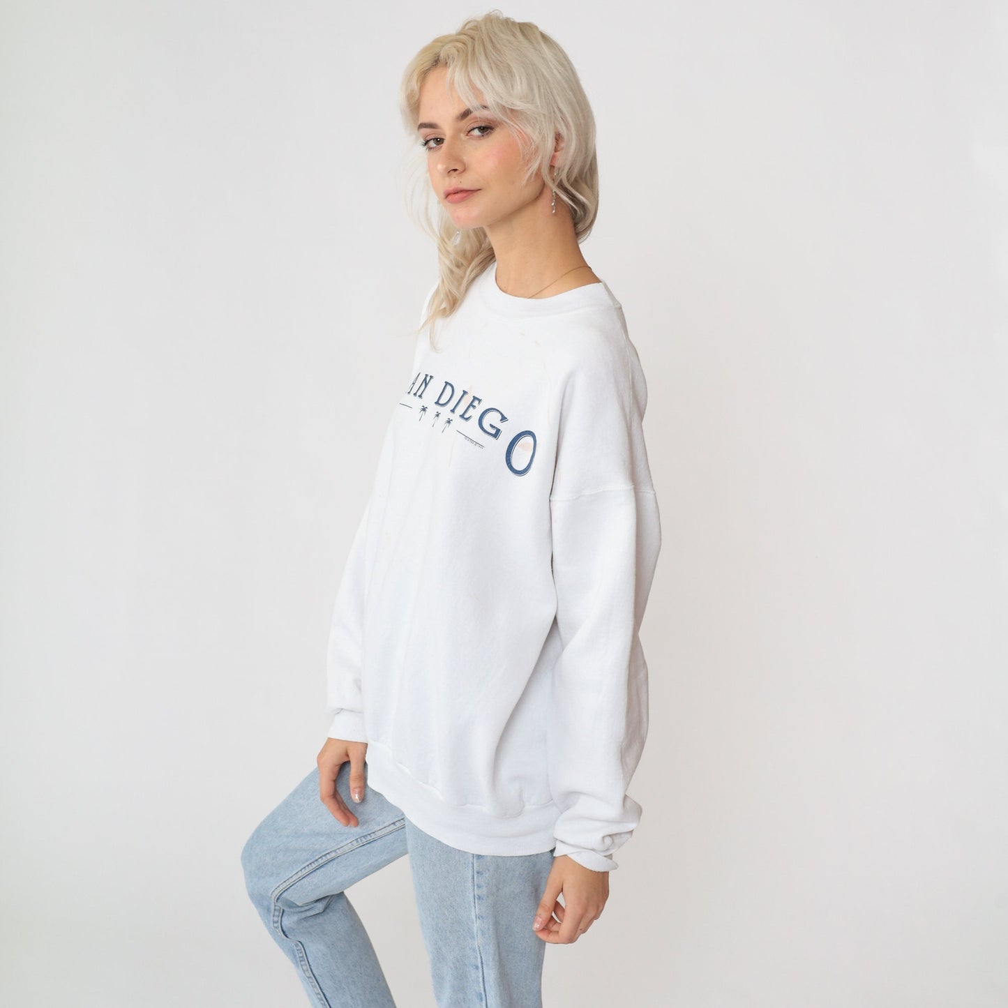 90s San Diego Palm Tree Sweatshirt White Graphic Crewneck Paint Splatter Large