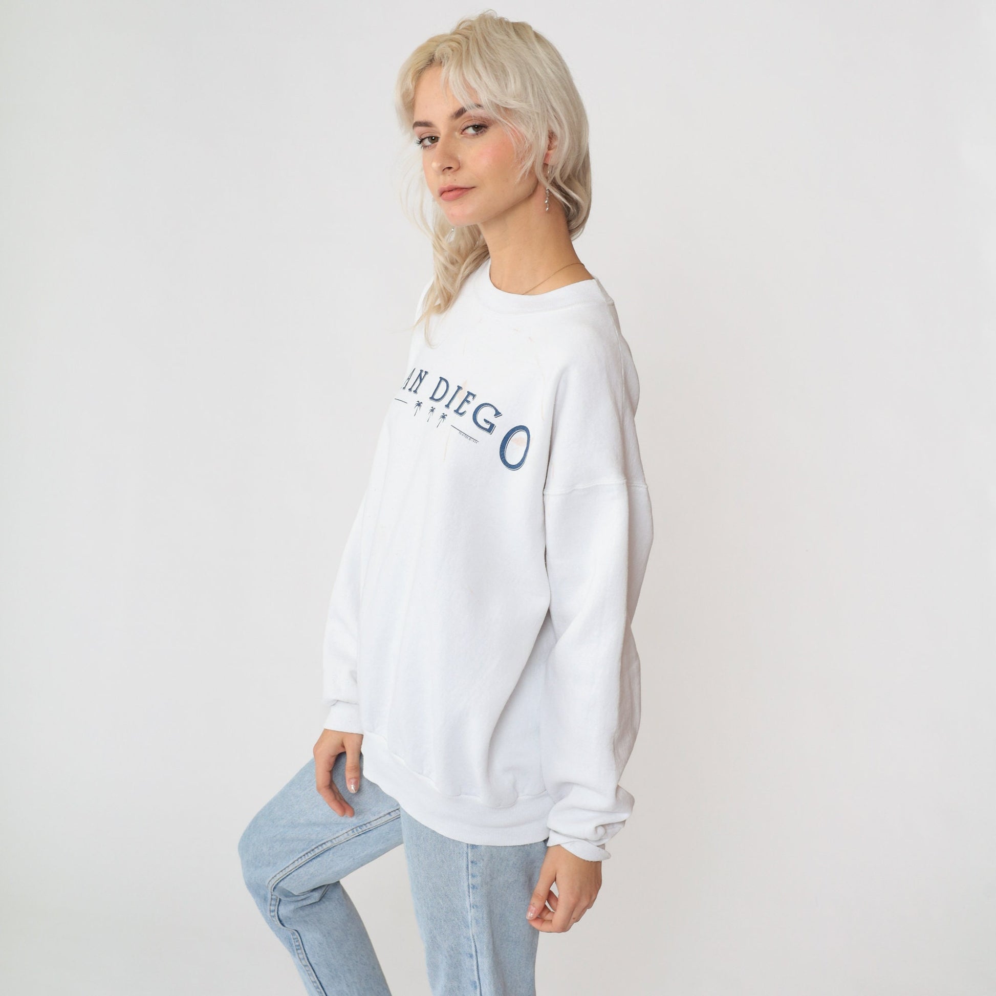 90s San Diego Palm Tree Sweatshirt White Graphic Crewneck Paint Splatter Large