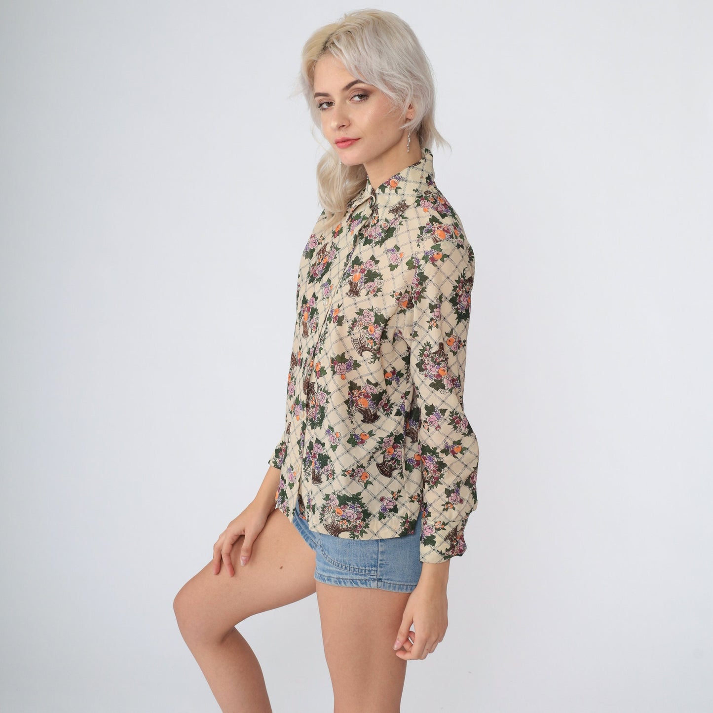 70s Holiday of California Checkered Floral Button-Up Blouse Cream Small