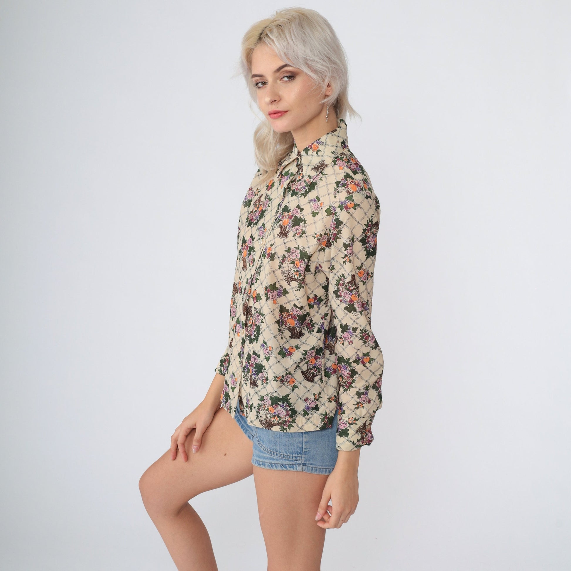 70s Holiday of California Checkered Floral Button-Up Blouse Cream Small