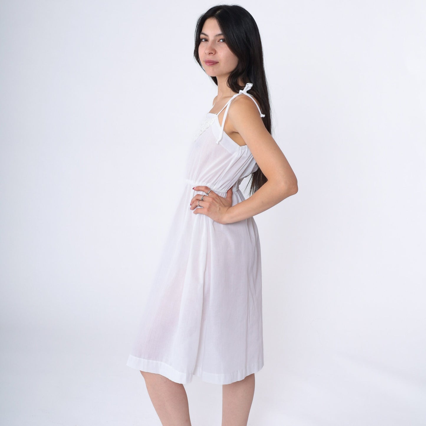 70s White Lace Spaghetti Strap Sun Dress High Waist Mini Extra Small
