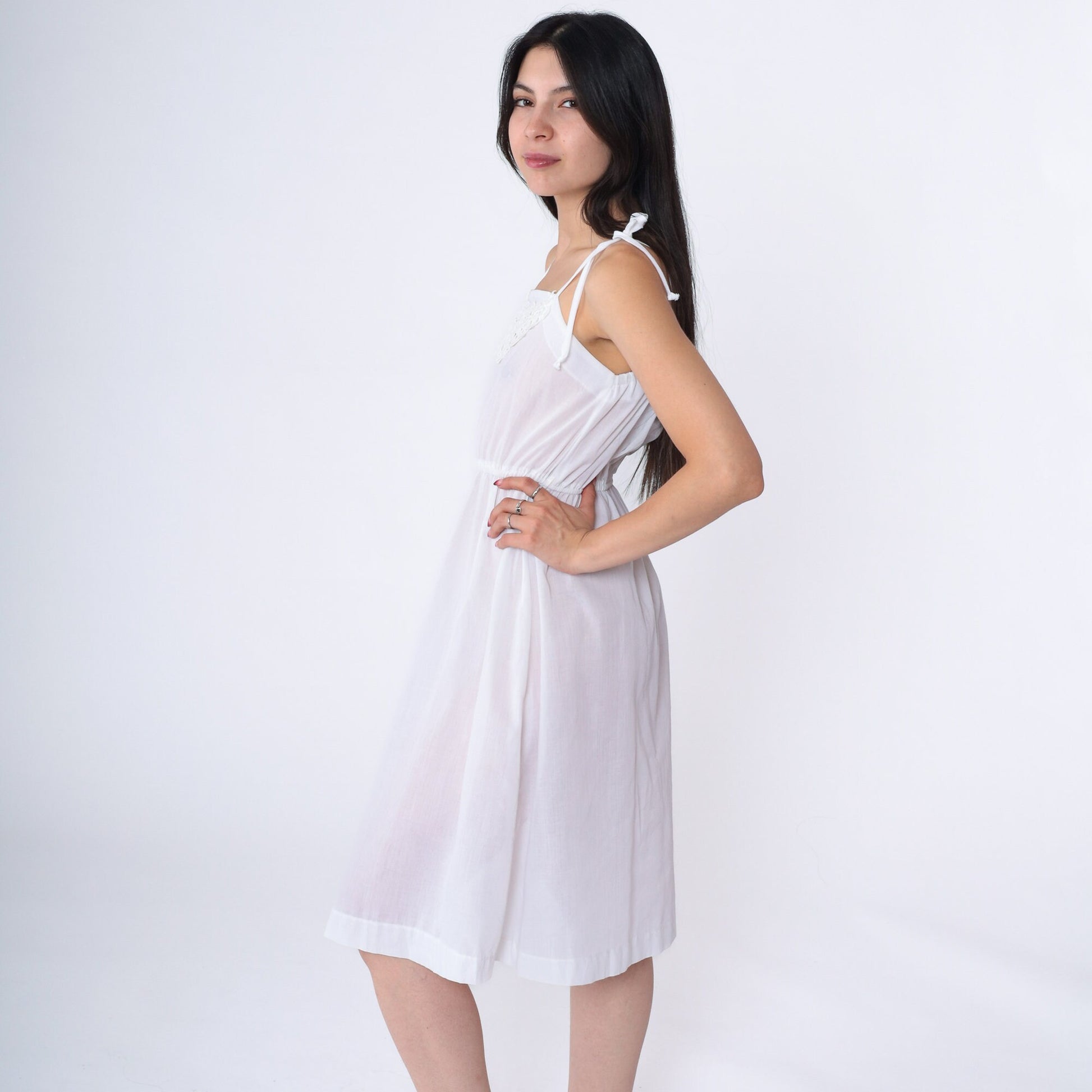 70s White Lace Spaghetti Strap Sun Dress High Waist Mini Extra Small