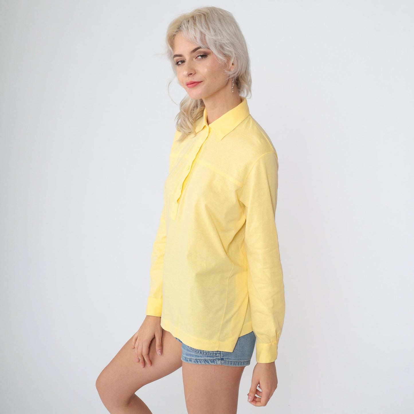 80s Yellow Cotton Blend Button-Up Blouse Collared Long Sleeve Medium