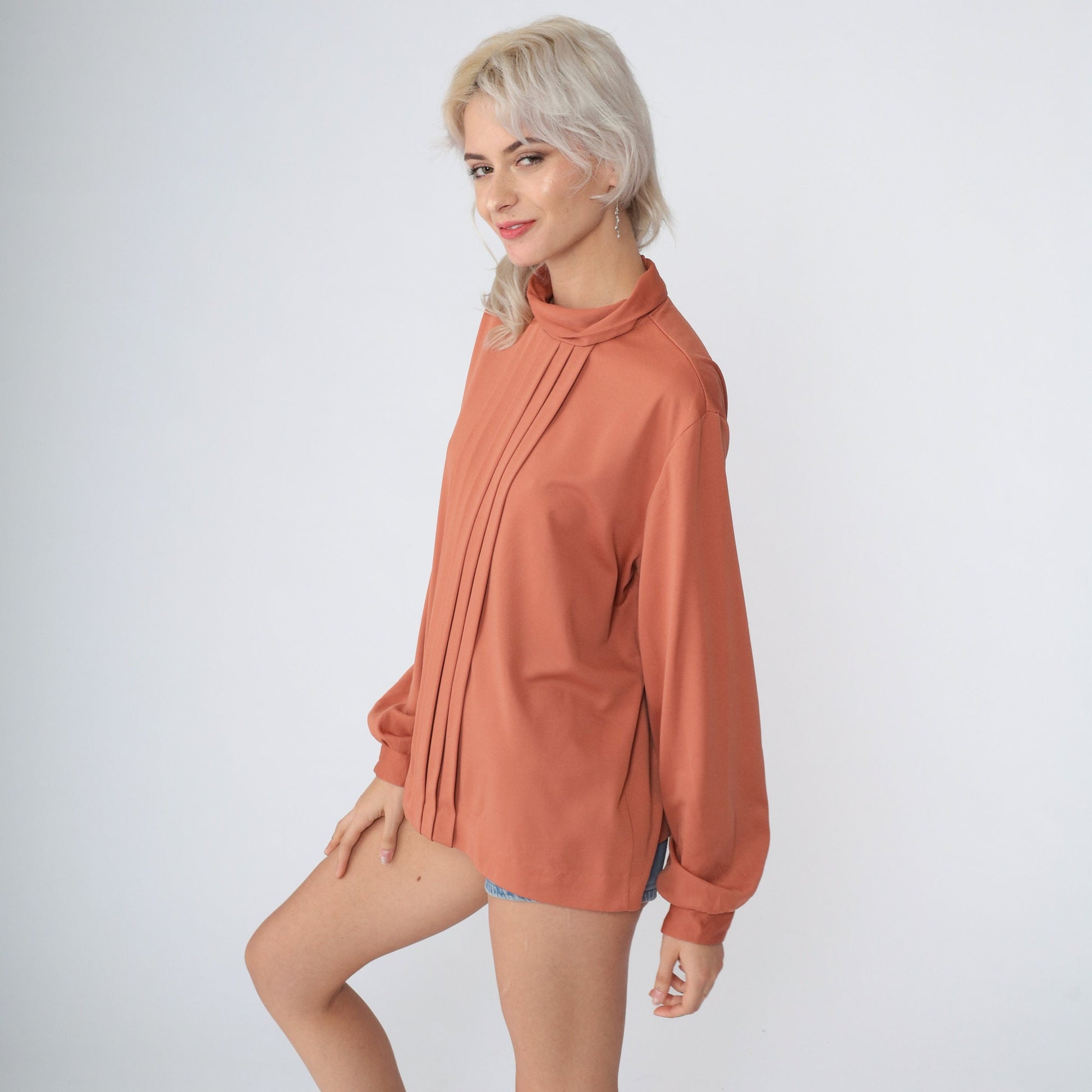 70s Terra Cotta Mockneck Blouse Pleated Balloon Sleeve Secretary Top Large