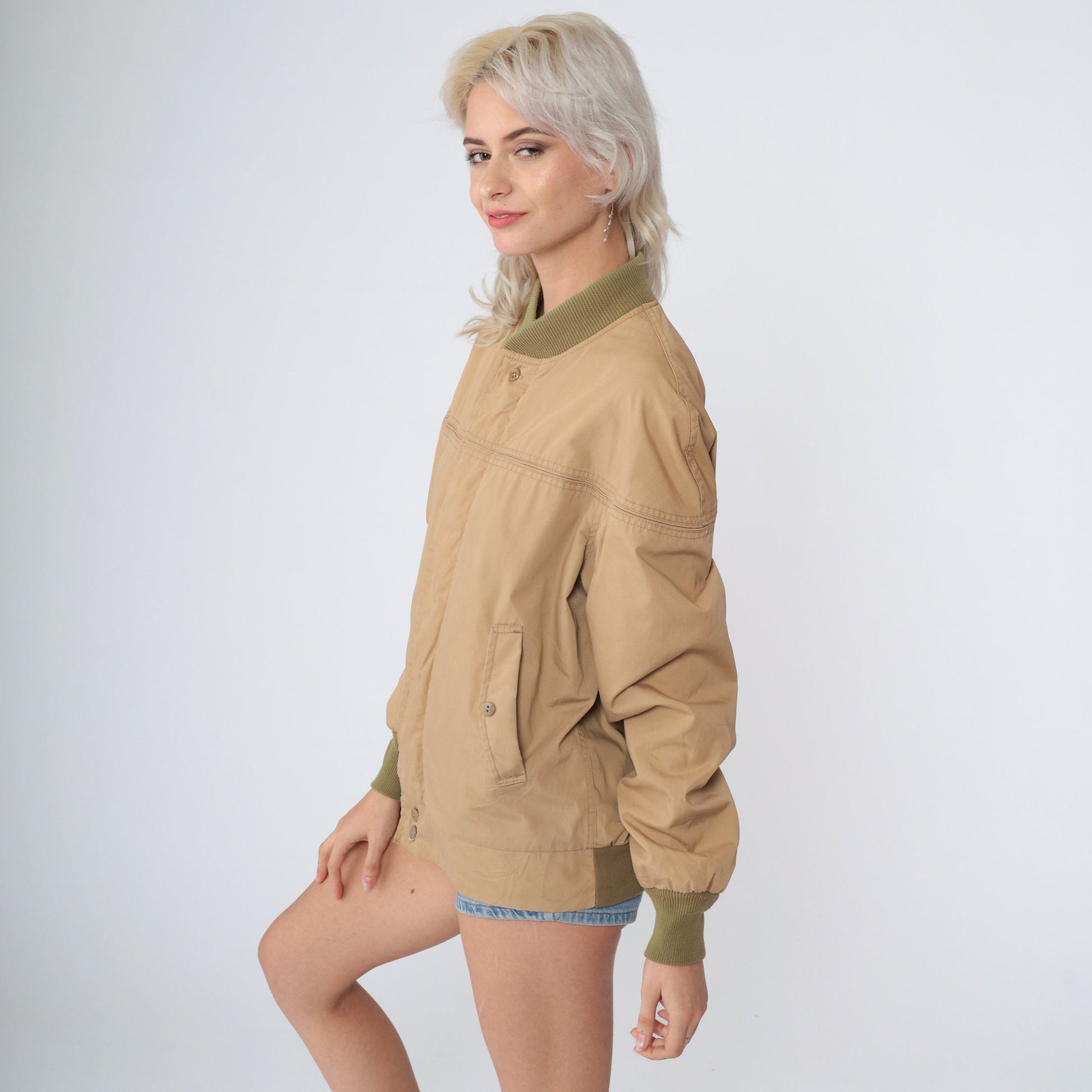 70s Tan Bomber Jacket Zip-Up Plaid Flannel Lining Small