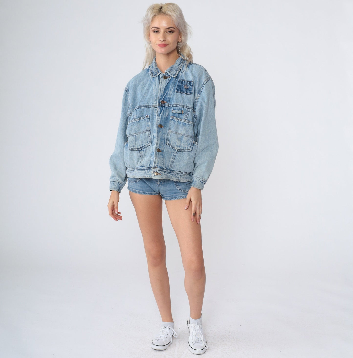 90s Denim Cargo Jacket Blue Jean Helicopter Embroidered Utility Pockets Small