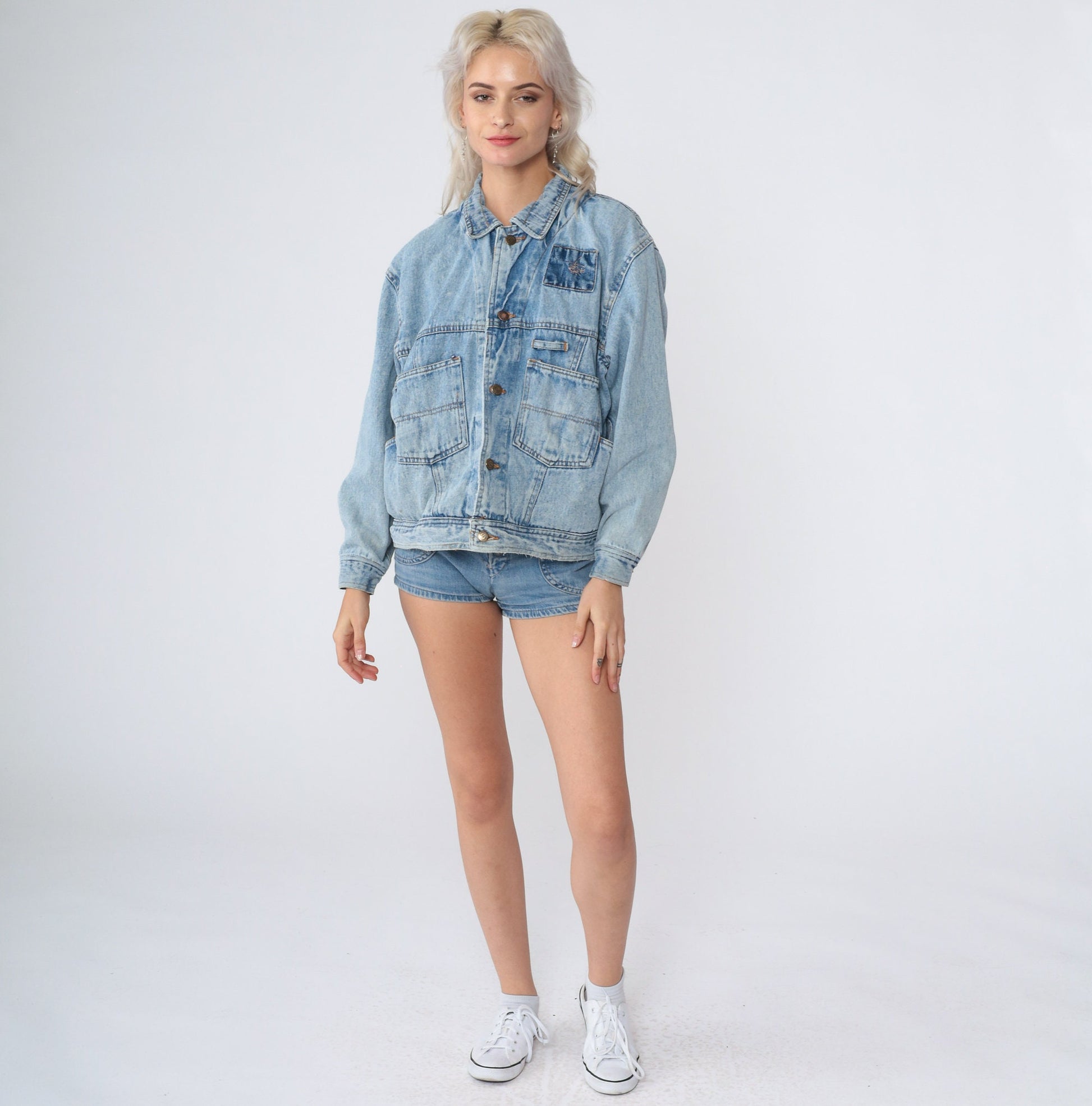 90s Denim Cargo Jacket Blue Jean Helicopter Embroidered Utility Pockets Small
