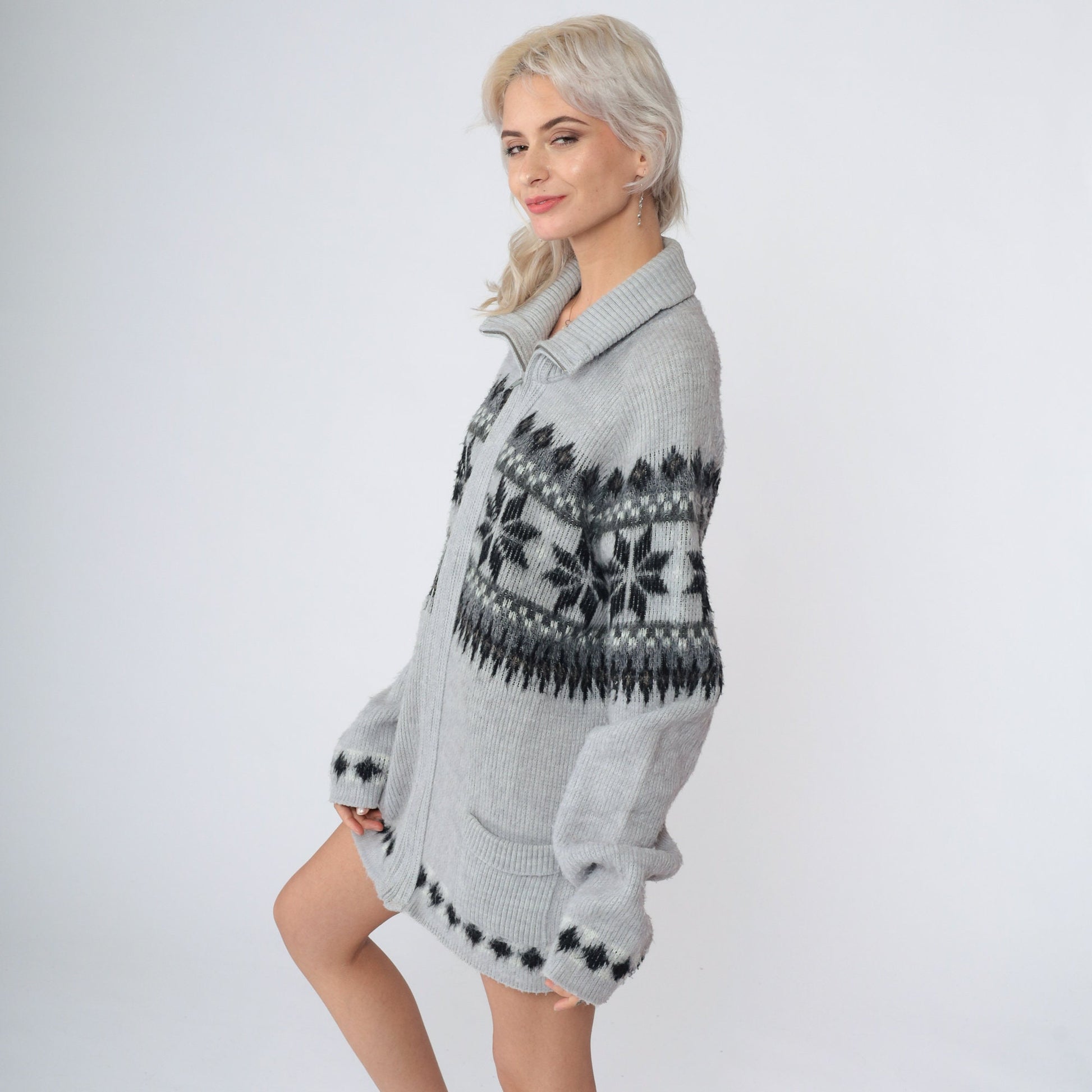 80s London Fog Nordic Snowflake Cardigan Grey Zip-Up Knit Large Tall