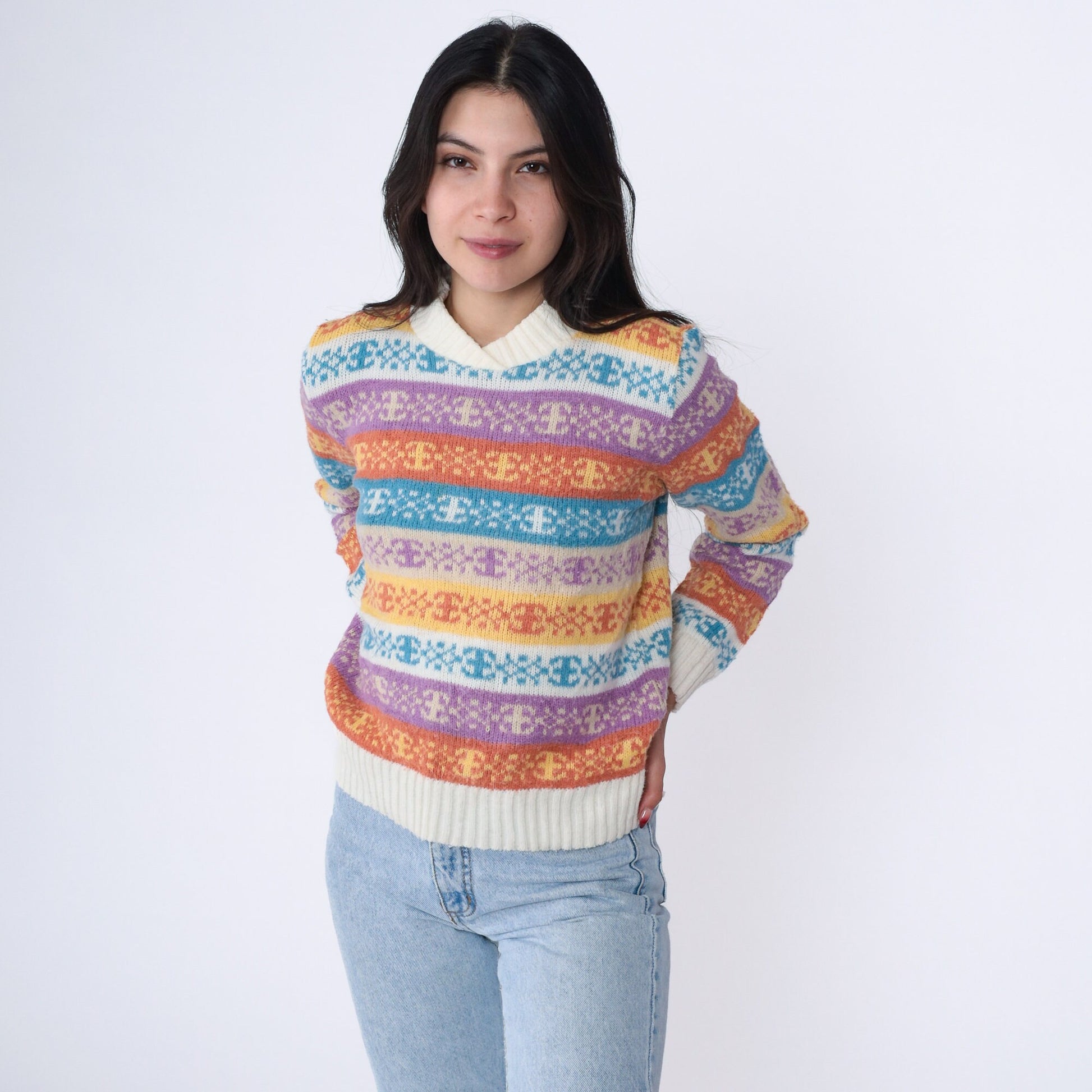 80s Nordic Snowflake Fair Isle Shawl Collar Sweater Purple Blue Cream Extra Small