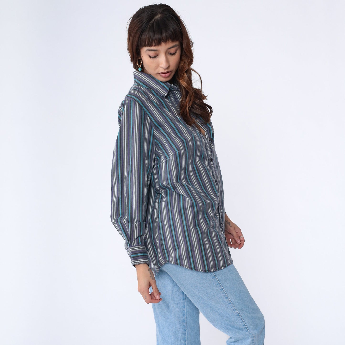 00s Striped Oxford Button-Up Blouse Purple Blue White Long Sleeve Medium