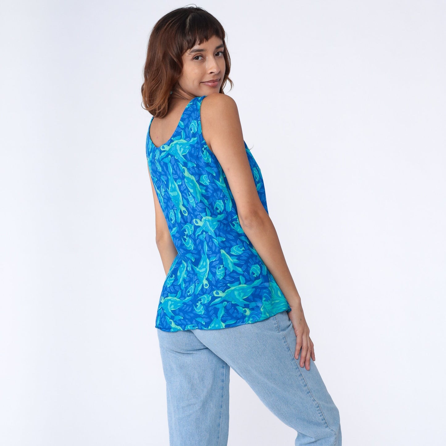 00s Sea Turtle Tropical Fish Tank Top Blue Rayon All Over Print Medium M