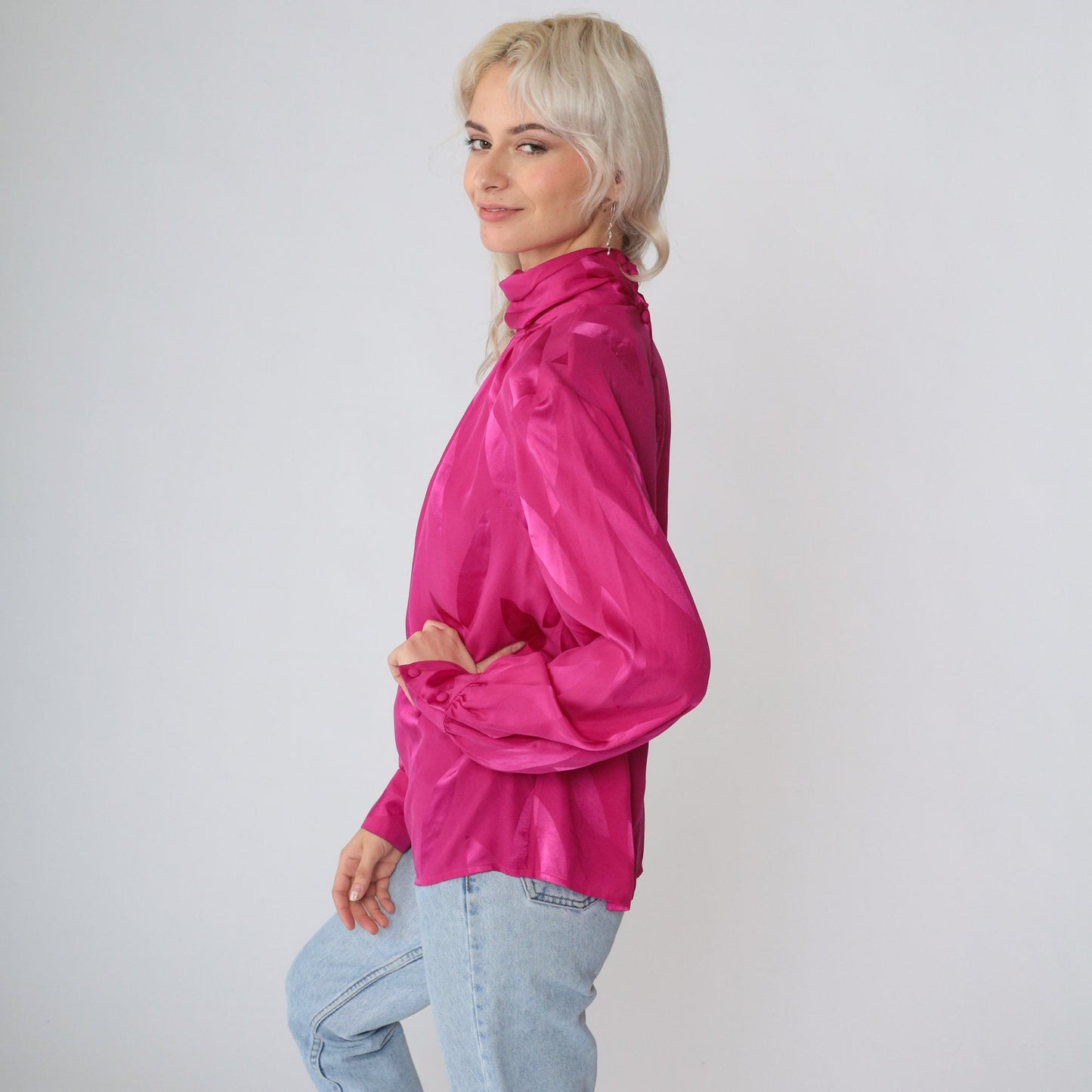 80s Pink Silk Blouse Mock Neck Balloon Sleeve Embossed Leaf Print Small S